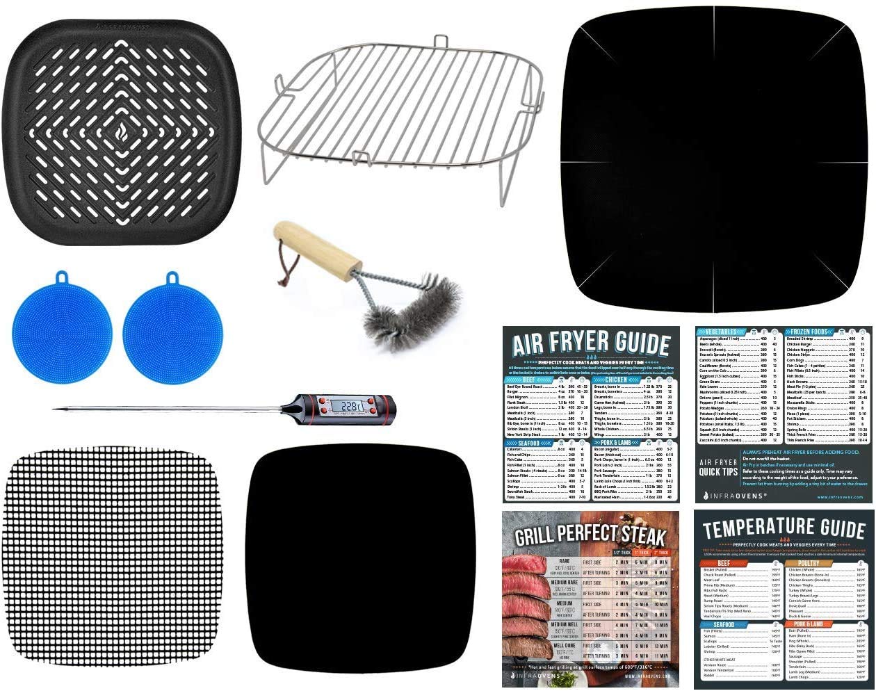 12-Piece Air Fryer Accessories Set with Rack, Grill Pan & Cheat Sheet - Compatible with Dreo, Ninja, Ultrean, Gowise, Gourmia, Cosori, Chefman, Instant Pot - Includes Square Basket Liners for Air Fryers - Perfect for Healthy Cooking, Meal Prep & Quick Snacks