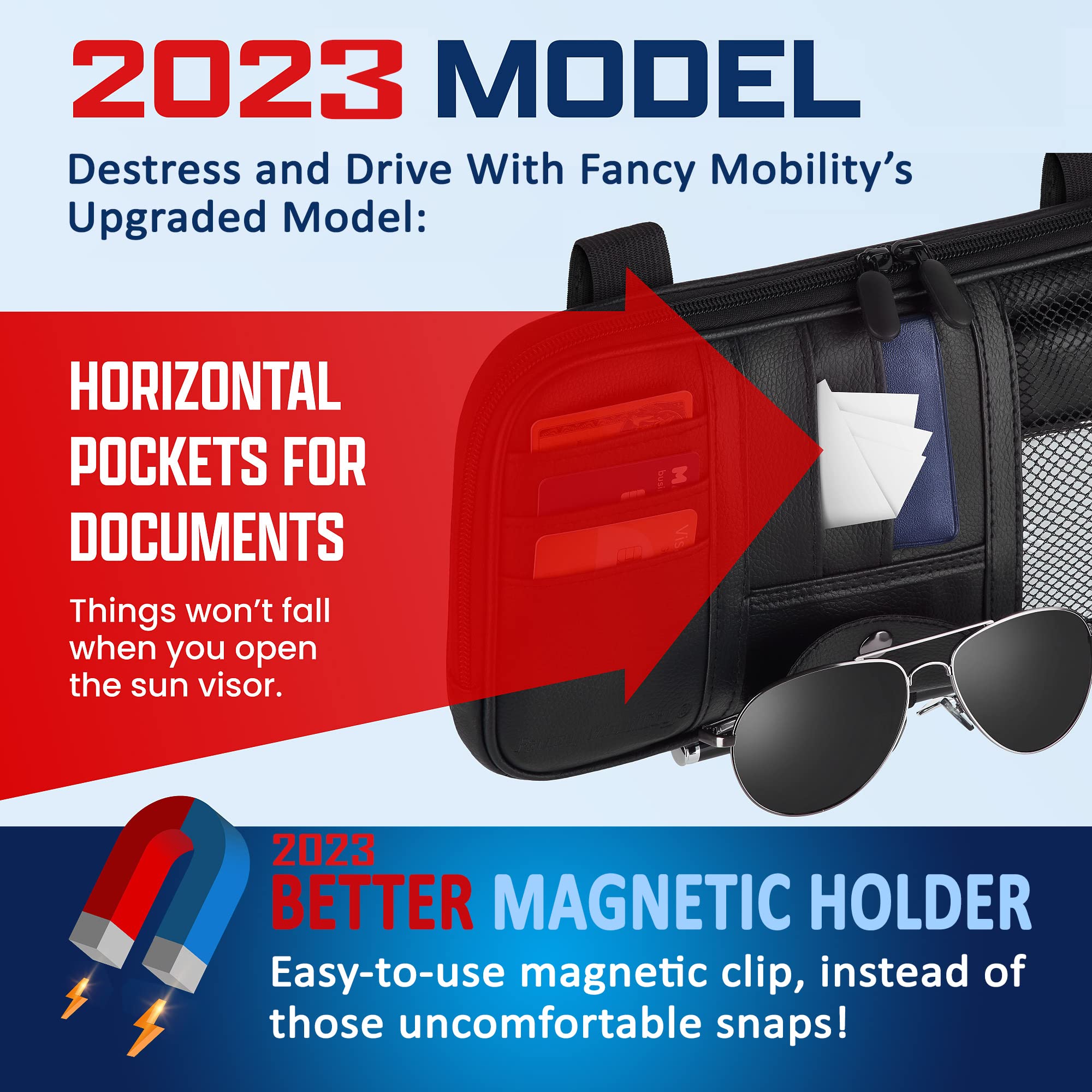 Magnetic Car Sun Visor Organizer for Car, SUV, Truck - 12.2 x 6.1 Inch Black Glasses Holder with Full-Length Horizontal Pockets | Perfect for Sunglasses, Cards & Small Essentials Storage While Driving