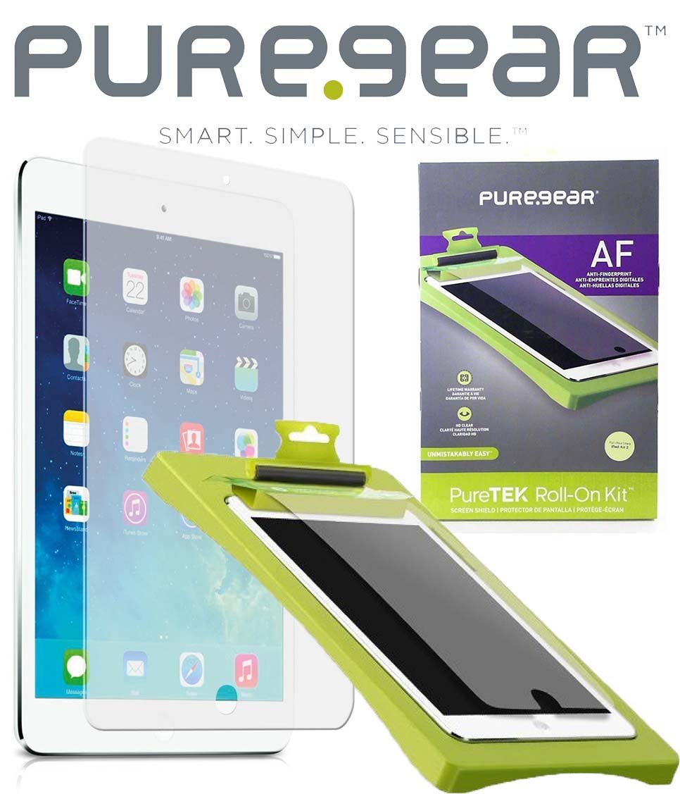 PureGear PureTek Anti-Fingerprint Roll-On Screen Protector Kit (3-Pack) with Easy Install Tray for Apple iPad Air & Air 2 - Perfect for Work, Travel & Home Use