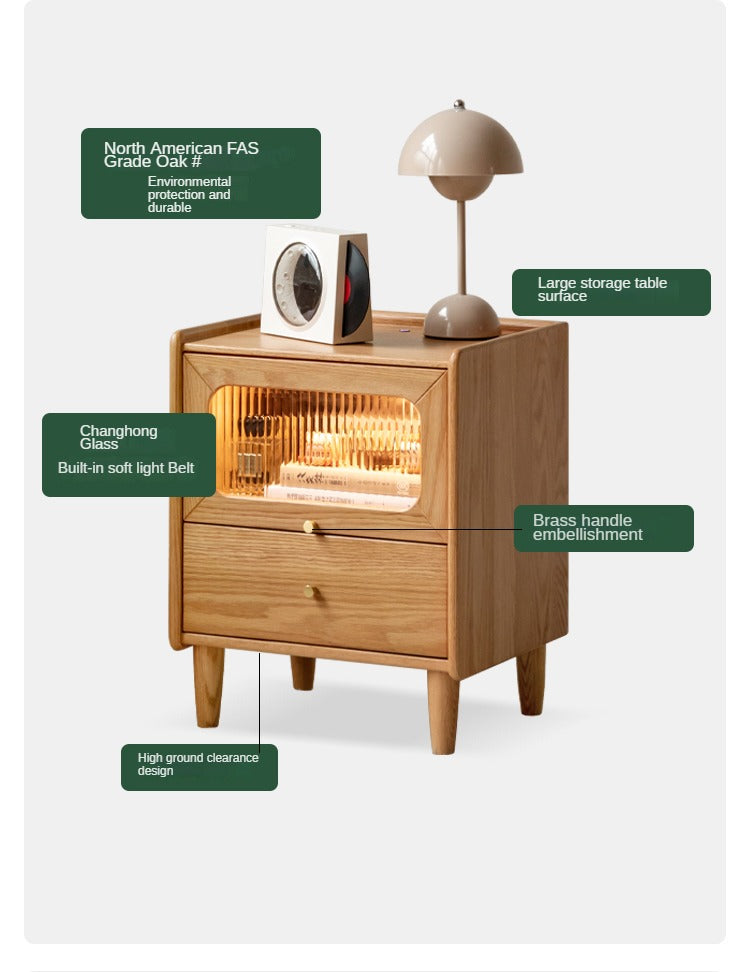 Solid Oak Wood Nightstand with Built-in LED Light - Modern Bedside Table for Bedroom, Living Room, or Office