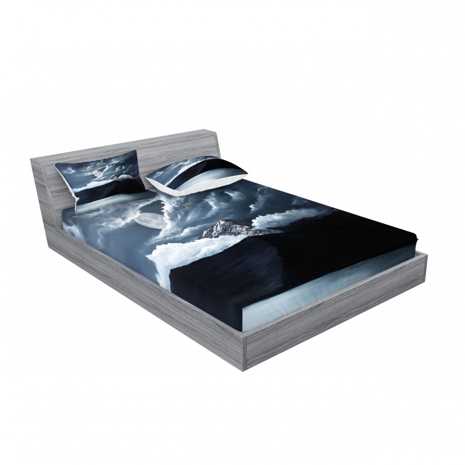 Ambesonne 2-Pack Fitted Sheet and Pillow Sham Set - Lake Hill Landscape Design, 4-Piece Bedding Set Includes 2 California King Fitted Sheets & 4 Pillowcases, Grey - Perfect for Master Bedroom, Guest Room, and Vacation Home Decor