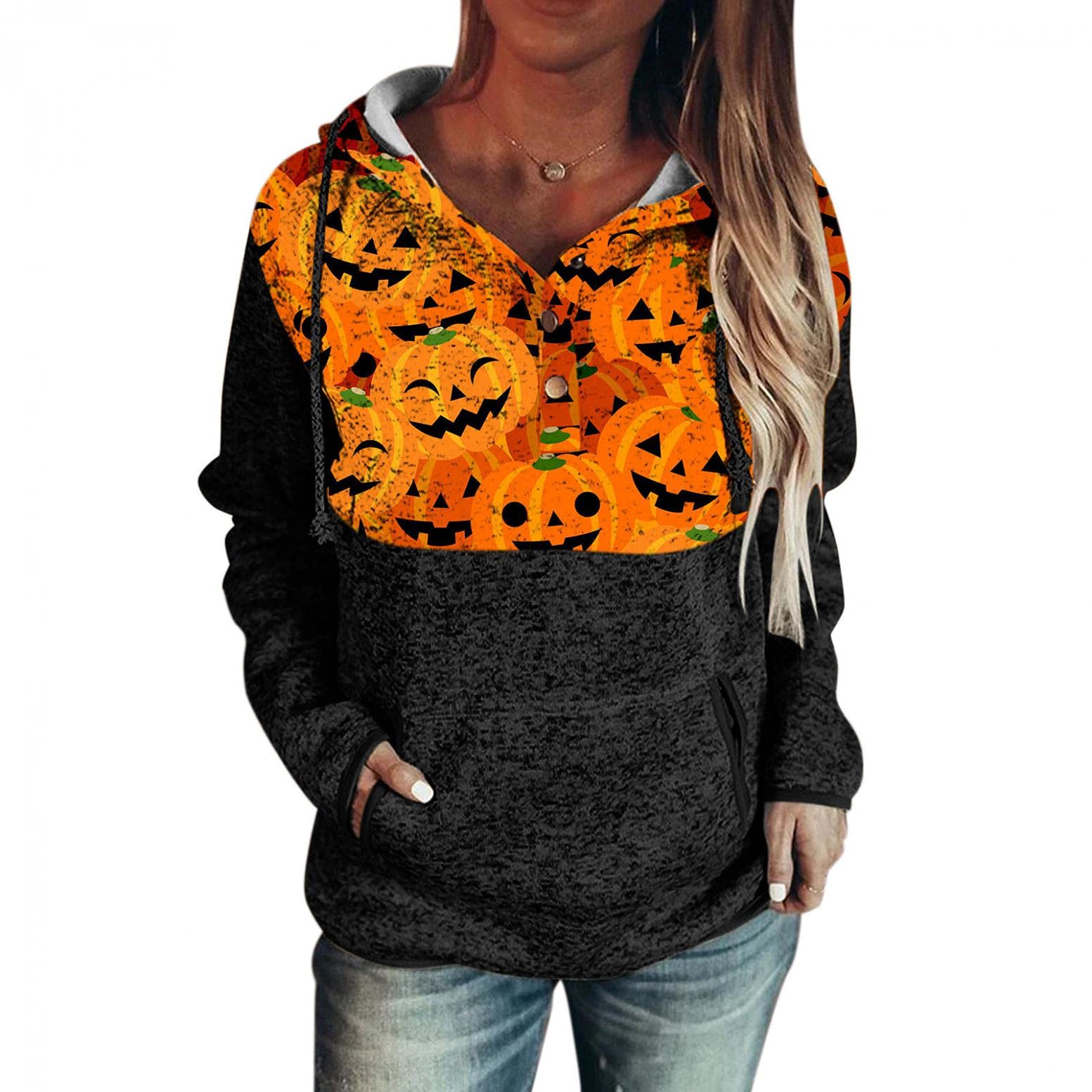 Gibobby Women's Oversized Hoodie - Lightweight Pullover Sweatshirt with Drawstring & Button Details | Long Sleeve Printed Sweater for Halloween & Casual Wear | Perfect for Fall Fashion, Lounge Wear & Outdoor Activities