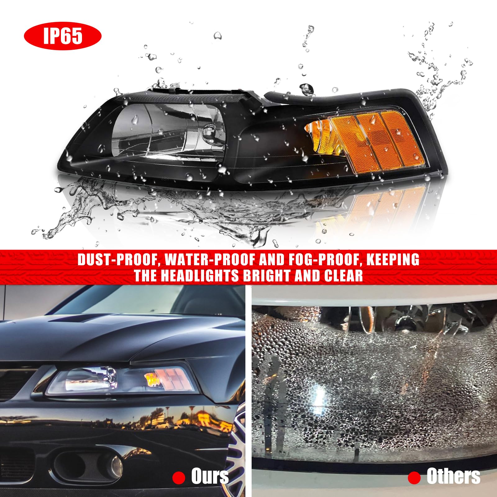 1999-2004 Ford Mustang Headlights - Black Housing with Amber Reflector (Driver & Passenger Side) | Direct Fit Replacement for Improved Night Visibility | Perfect for Street Racing & Car Shows