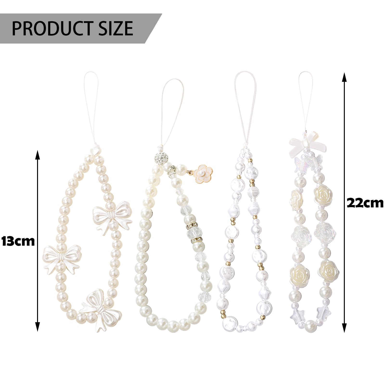 DKDDSSS 4-Pack White Pearl Phone Strap - Stylish Beaded Phone Chain Jewelry for Women & Girls, Durable Plastic Phone Accessories for Everyday Use, Party, and Gift Giving