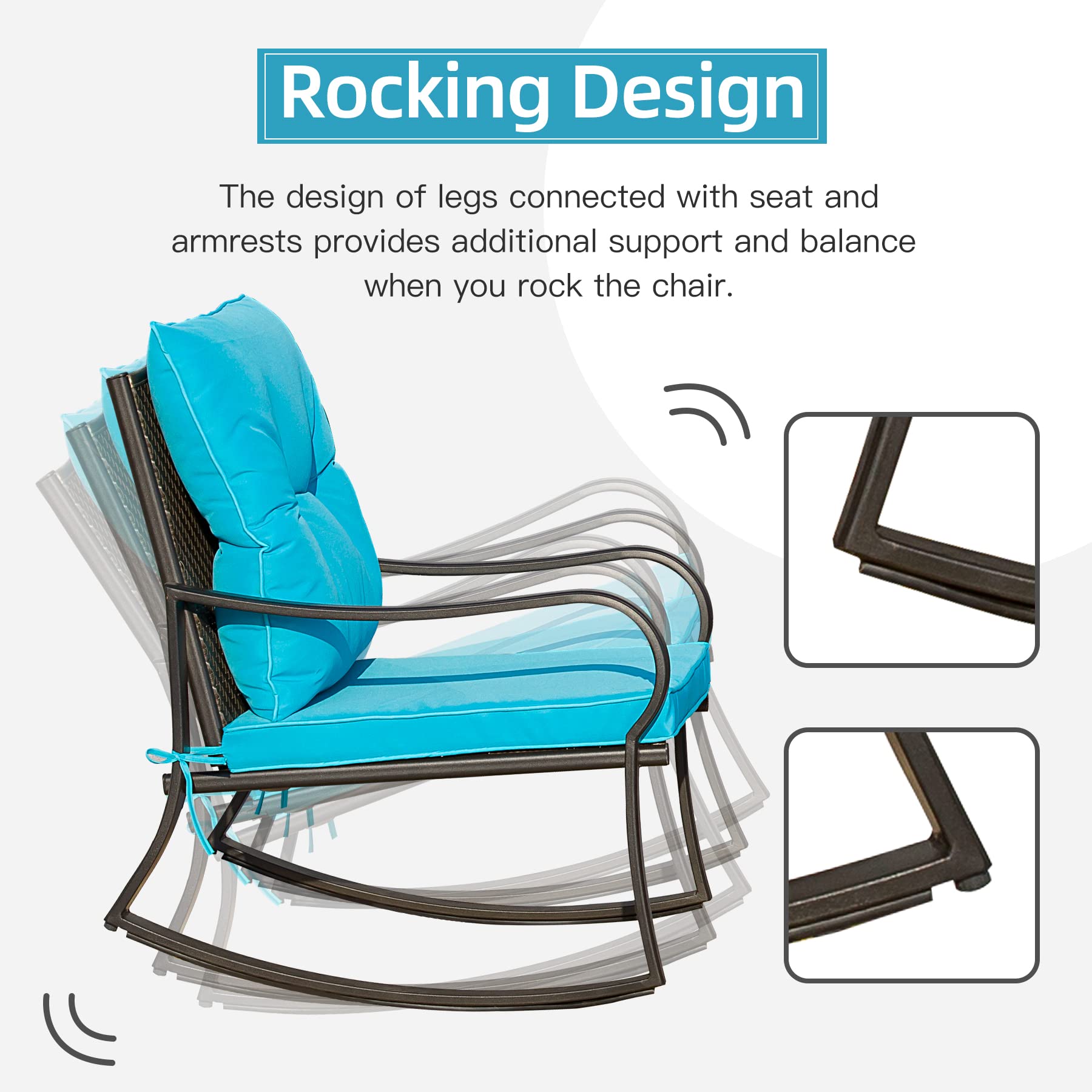Domi 3-Piece Patio Rocking Chair Set - Outdoor Bistro Conversation Chairs with Glass Coffee Table - Blue Iron Furniture for Porch, Balcony, Poolside & Lawn (Curved Armrest) - Perfect for Relaxing, Entertaining & Enjoying Outdoor Spaces