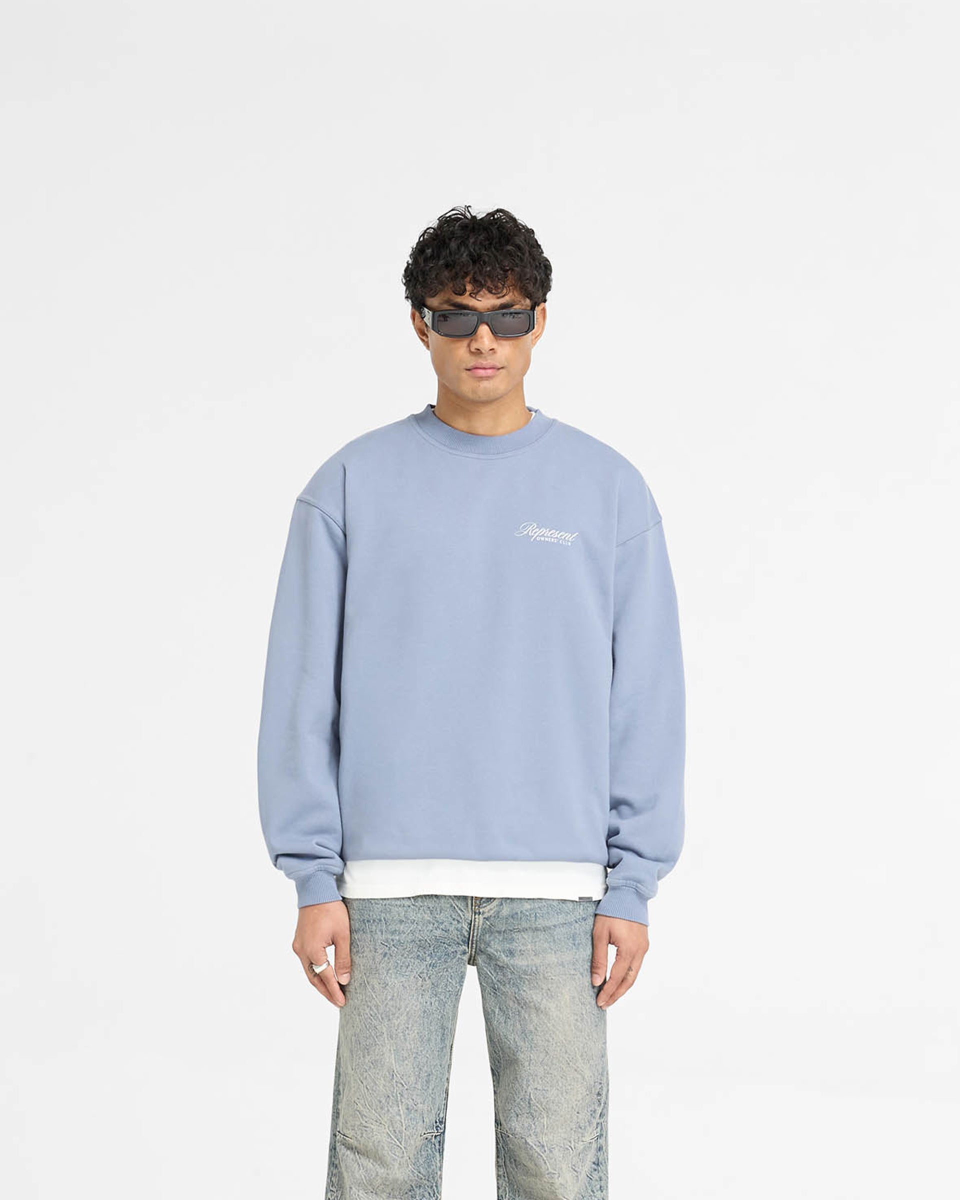 Represent Owners Club Script Sweater - Dusty Blue | Trendy Oversized Knit Pullover | Perfect for Streetwear & Casual Outfits
