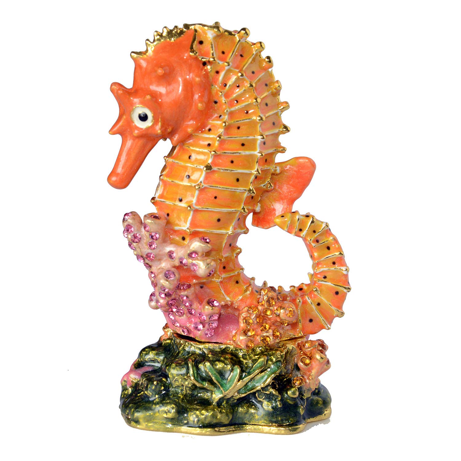 Enameled Pewter Crystal Bejeweled Seahorse Jewelry Box - Necklace & Ring Organizer - Nautical Home Decor - Animal & Sea Life Gift (Orange) - Perfect for Beach House Decor, Bathroom Storage & Gift Giving