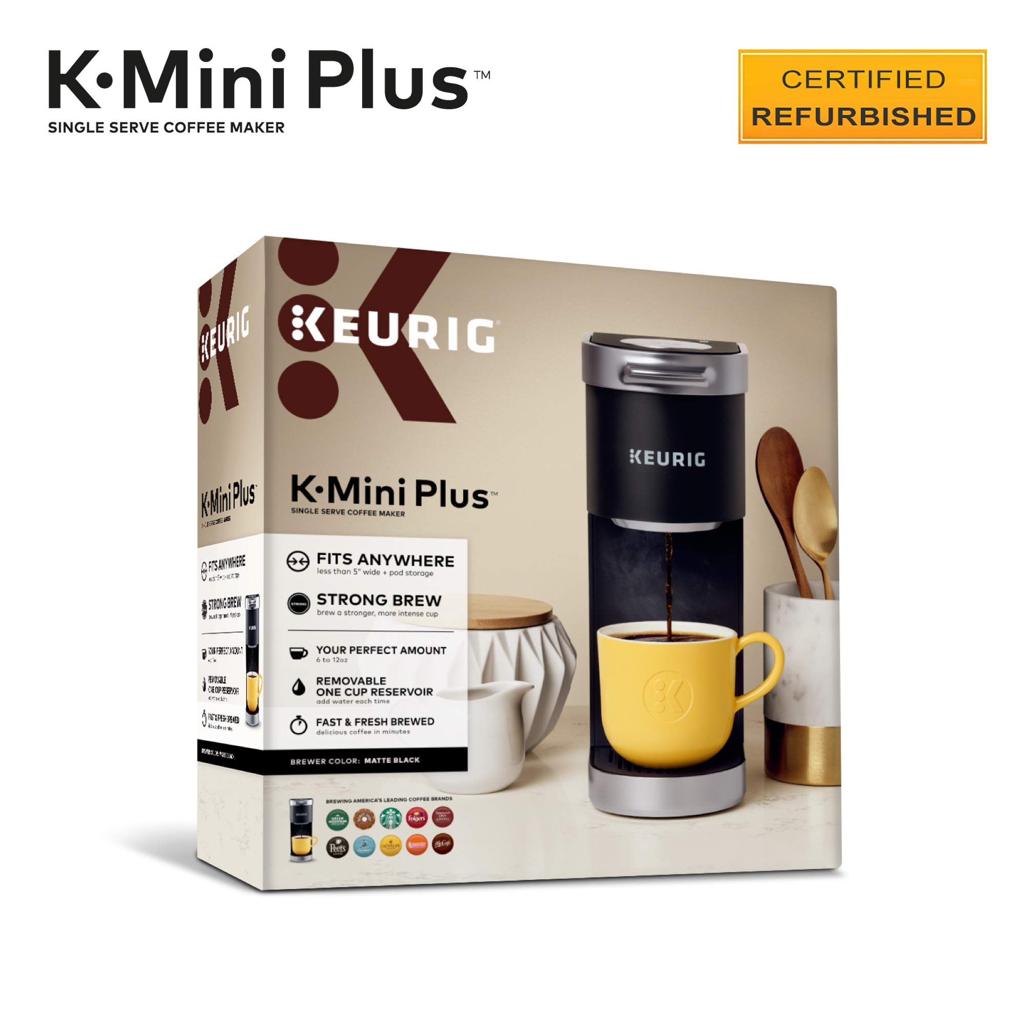 Certified Refurbished Keurig K-Mini Plus Single Serve Coffee Maker - Black (Renewed) | Compact Design for Home, Office & Dorm Use | Fast Brewing with No Water Reservoir