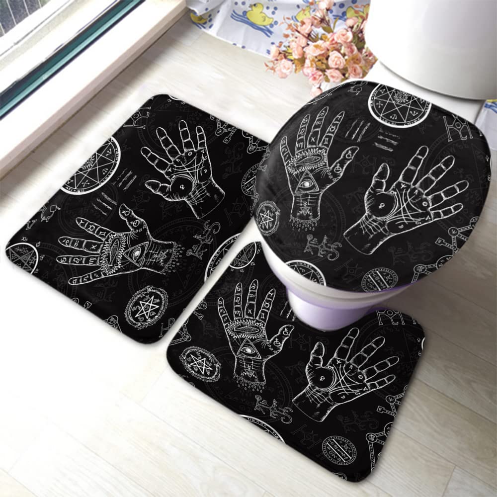 Zaueky Chiromancy 3-Piece Bathroom Rug Set - Non-Slip Black Mystic Hand Print Bath Mat with Rubber Backing, U-Shaped Contour Rug & Toilet Cover - Perfect for Gothic, Witchy & Bohemian Style Bathrooms