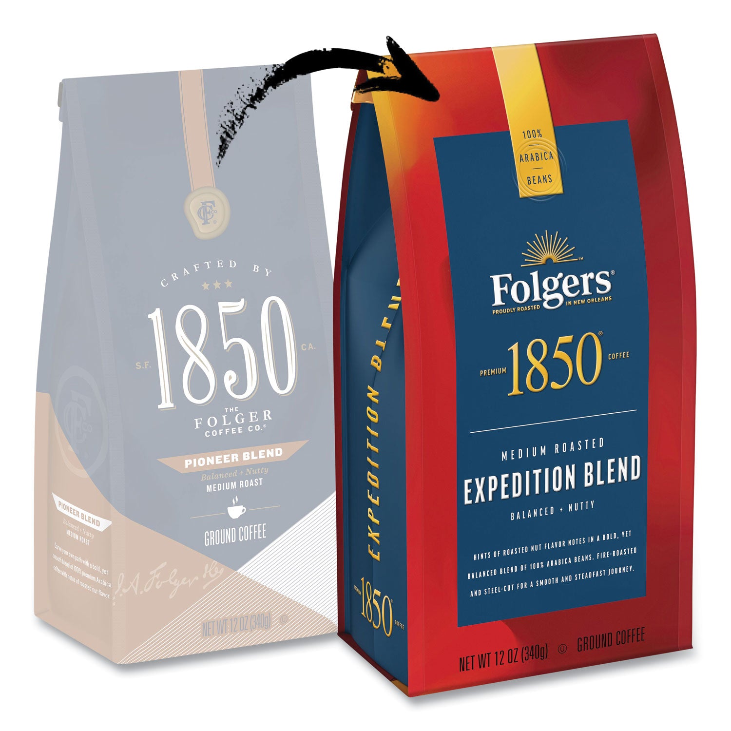 1850 Coffee - Expedition Blend Medium Roast Ground Coffee (12 oz Bag) - Perfect for Camping, Hiking & Outdoor Adventures