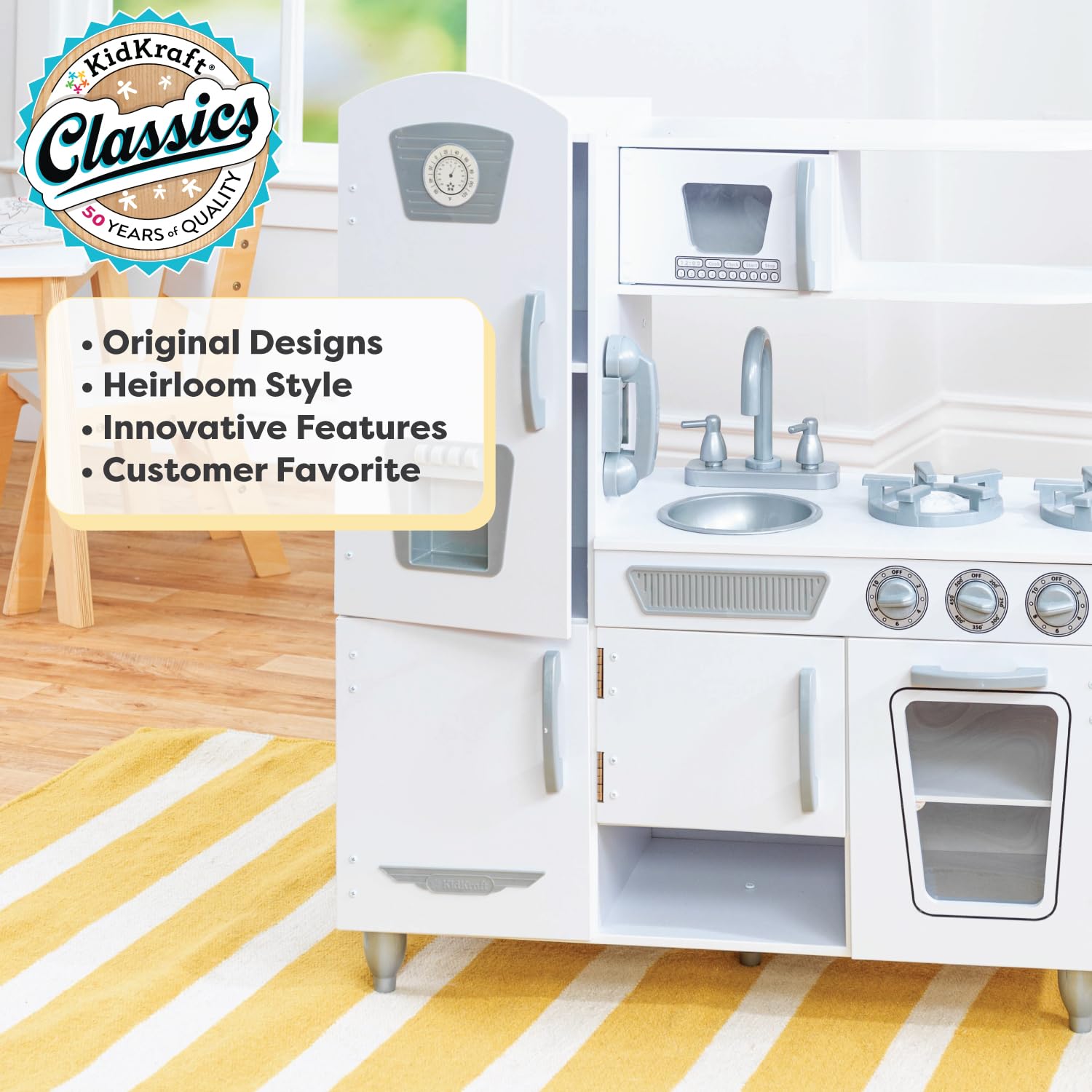KidKraft Vintage Wooden Play Kitchen for Kids - White Pretend Kitchen Set with Ice Maker & Toy Phone | Perfect for Pretend Play, Role Playing & Early Childhood Development