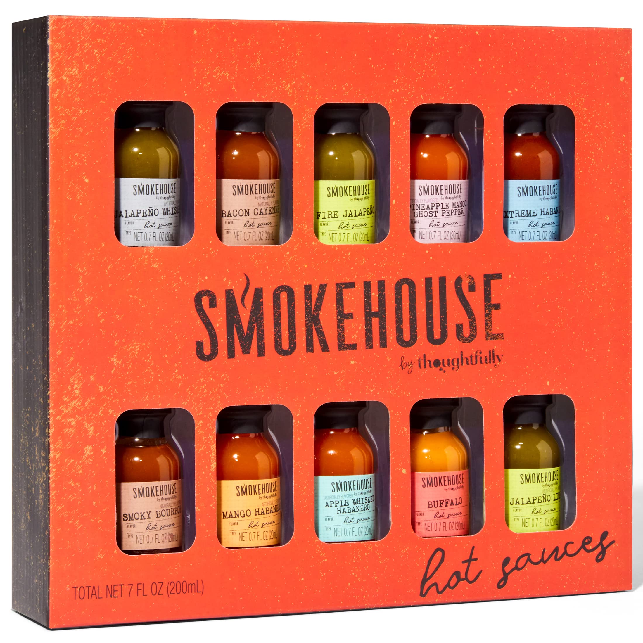 Thoughtfully Smokehouse Gourmet Hot Sauce Gift Set - 10-Piece Variety Pack with Mango Habanero, Buffalo, Bacon Cayenne, Smoky Bourbon & Fire Jalapeño | Perfect for BBQ, Wings, Tacos & Spicy Food Lovers