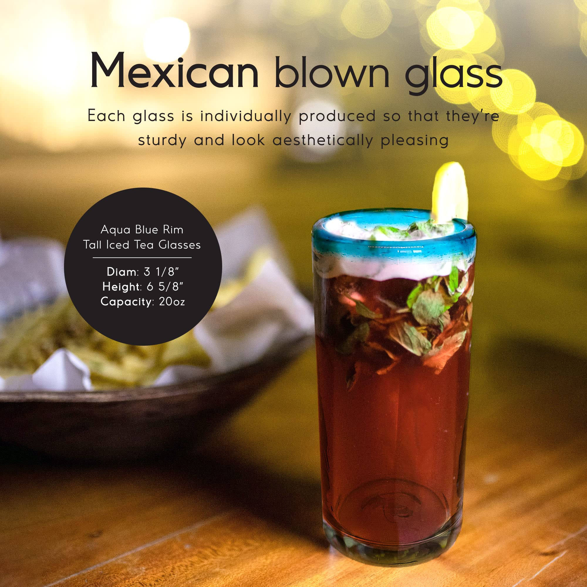 Premium 20 oz Aqua Blue Rim Tall Iced Tea Glasses - Set of 6 Handmade Mexican Recycled Glass Cups | Lead-Free & Non-Toxic | Perfect for Iced Tea, Lemonade, Cocktails & Summer Beverages