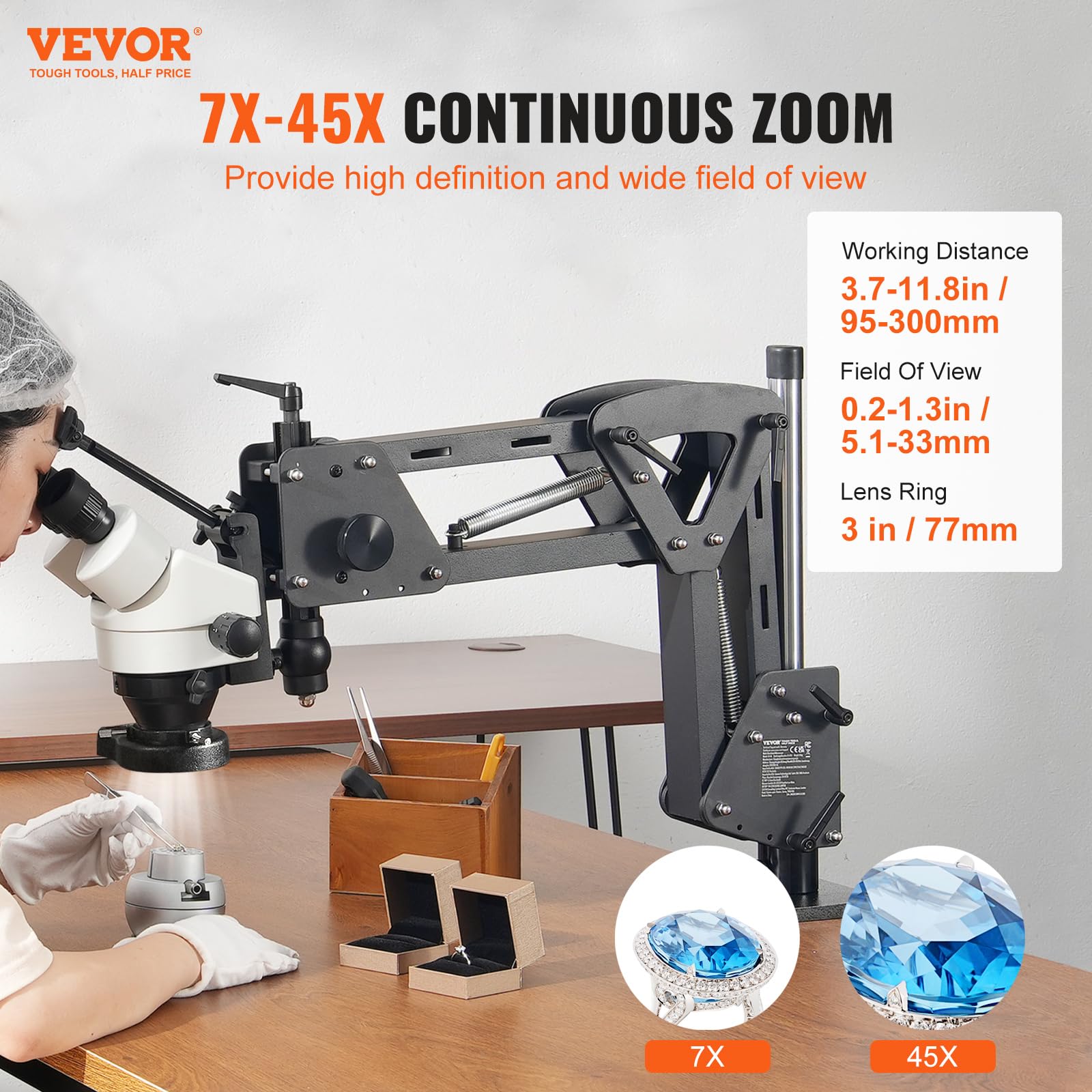 VEVOR 7X-45X Magnification Jewelry Microscope with Spring Bracket - Multi-Directional Microscope with Integrated USB Ring LED Light & 360° Ball Vise for Jewelry Inlay, Watch Repair, Coin Appraisal & Gemstone Inspection