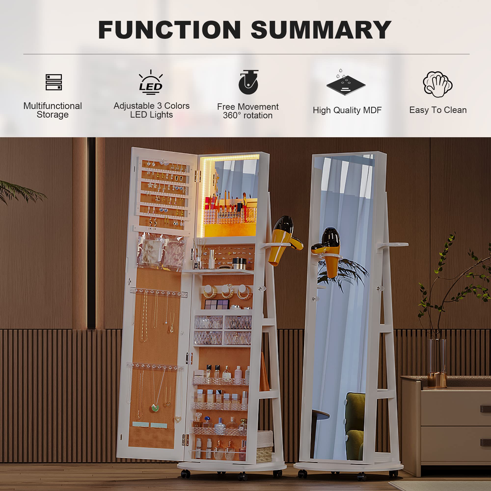 360° Swivel Jewelry Armoire with LED Mirror & Lockable Wheels - Full Length Standing Jewelry Cabinet with Foldable Makeup Shelf & Storage Organizer - Perfect for Bedroom, Closet & Dressing Room (White)