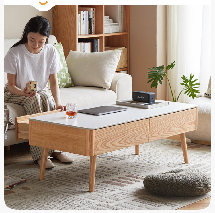 Solid Oak & Beech Wood Slate Coffee Table - Modern Minimalist Design for Living Room, Lounge & Office