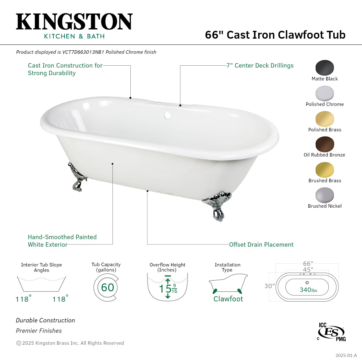 Aqua Eden 66 Inch White Cast Iron Clawfoot Bathtub with Oil Rubbed Bronze Feet - Double Ended Oval Soaking Tub (7 Inch Faucet Drillings) - Perfect for Vintage Bathroom & Luxury Spa Retreats