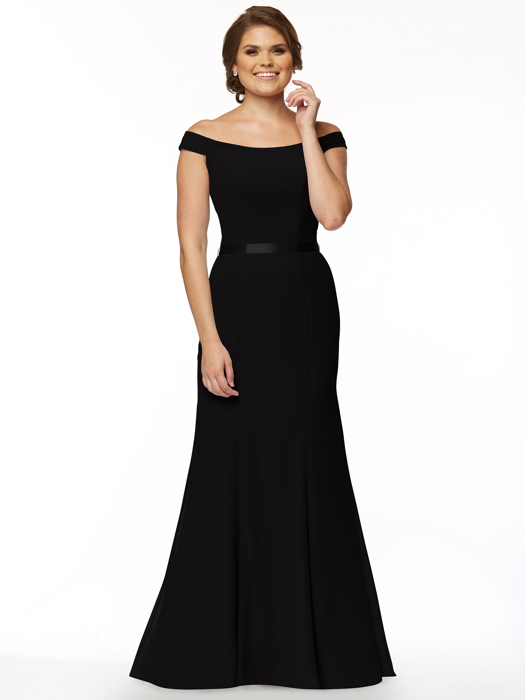 Elegant Off-the-Shoulder Chiffon Bridesmaid Dress with Ribbon Belt - Flattering Fit & Flare Design for Weddings, Parties & Special Occasions