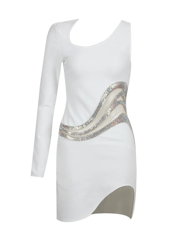 BEVENCCEL Women's One Shoulder Long Sleeve Mesh Patch Diamond Bandage Dress - Elegant Sexy Clubwear for Evening Parties, Night Out, Date Night & Special Occasions