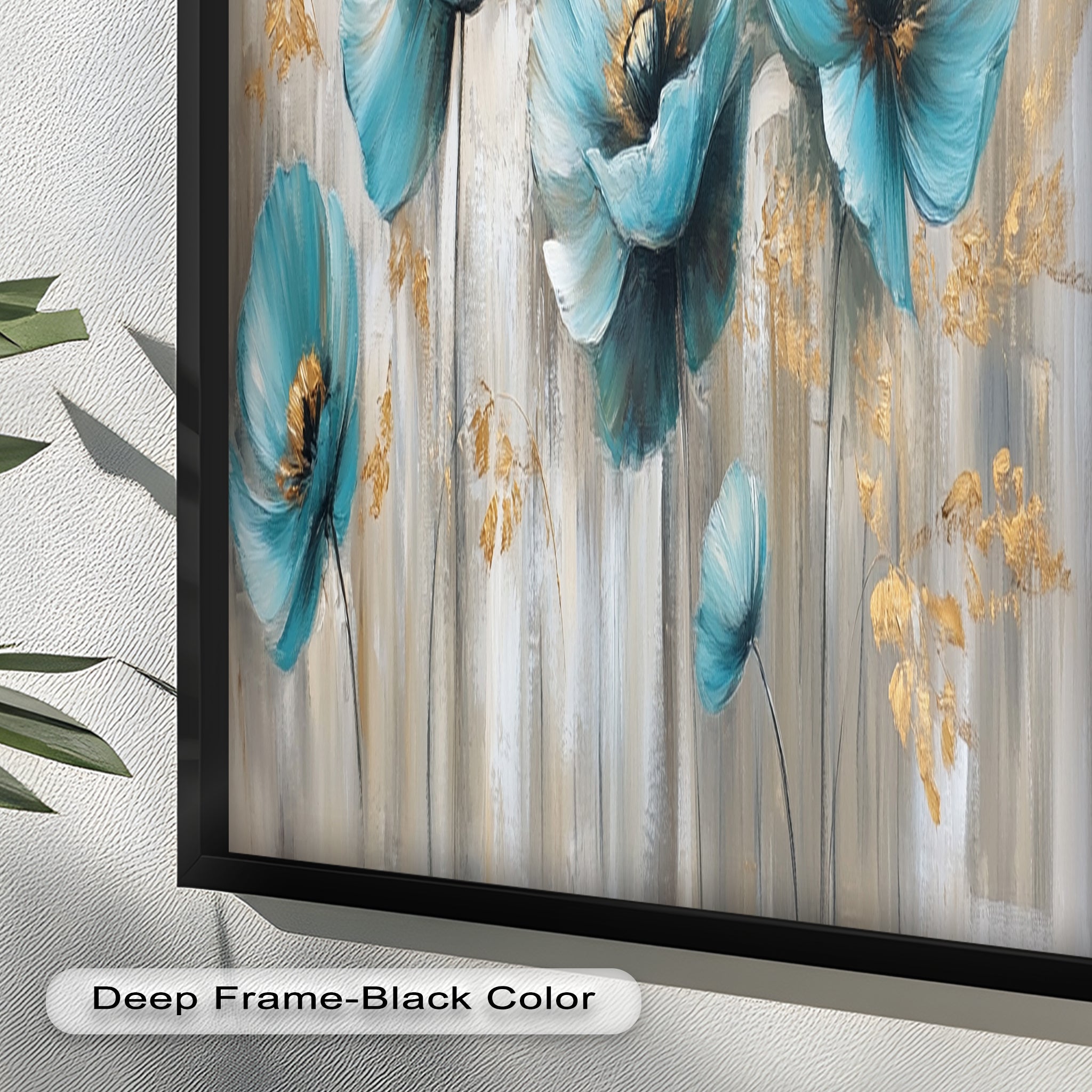 Blue Poppies with Metallic Accents Oil Painting - Floral Wall Art for Living Room, Bedroom & Office Decor