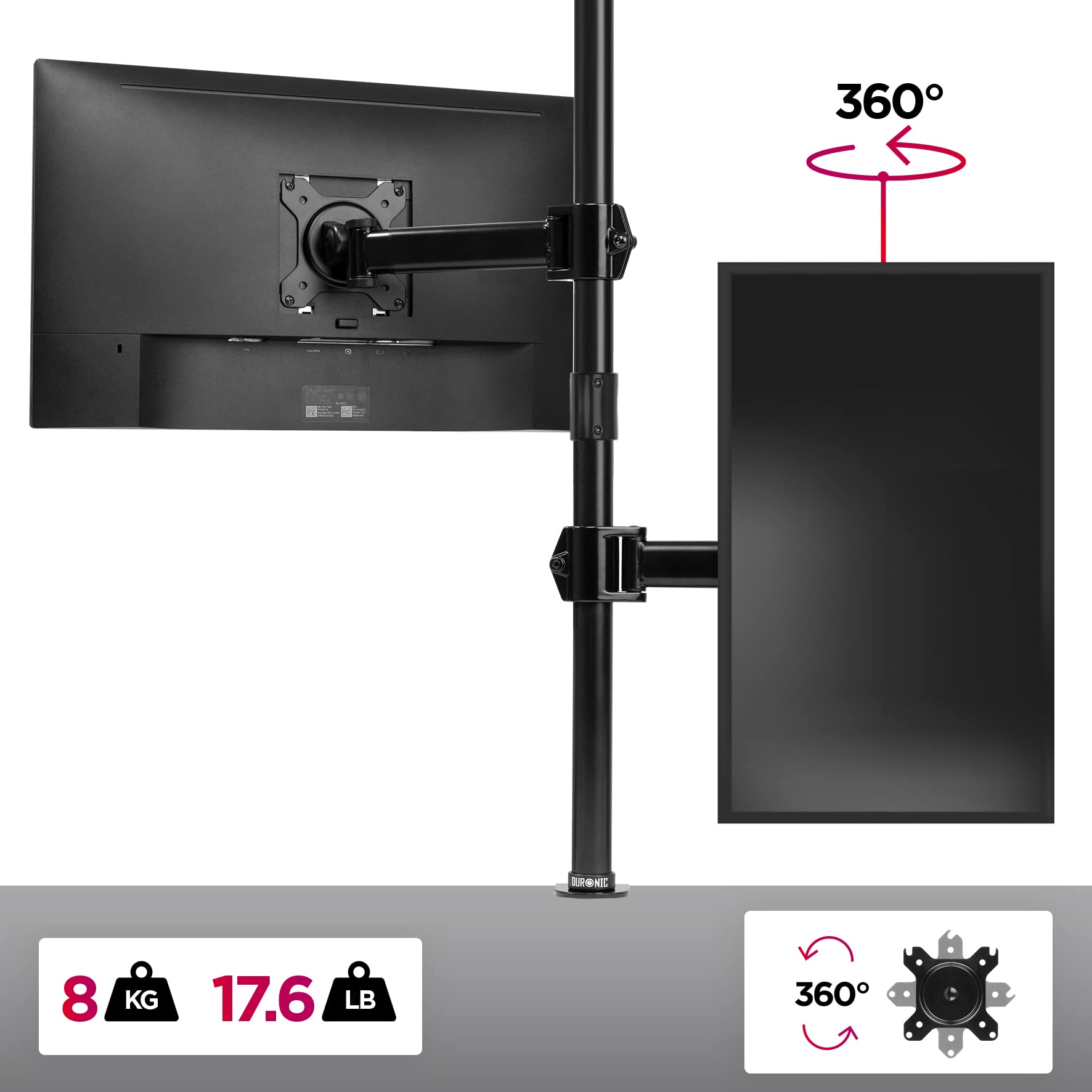 Duronic Single Monitor Arm Stand - Adjustable Height, 8kg Capacity, VESA 75/100 Compatible for 13-27