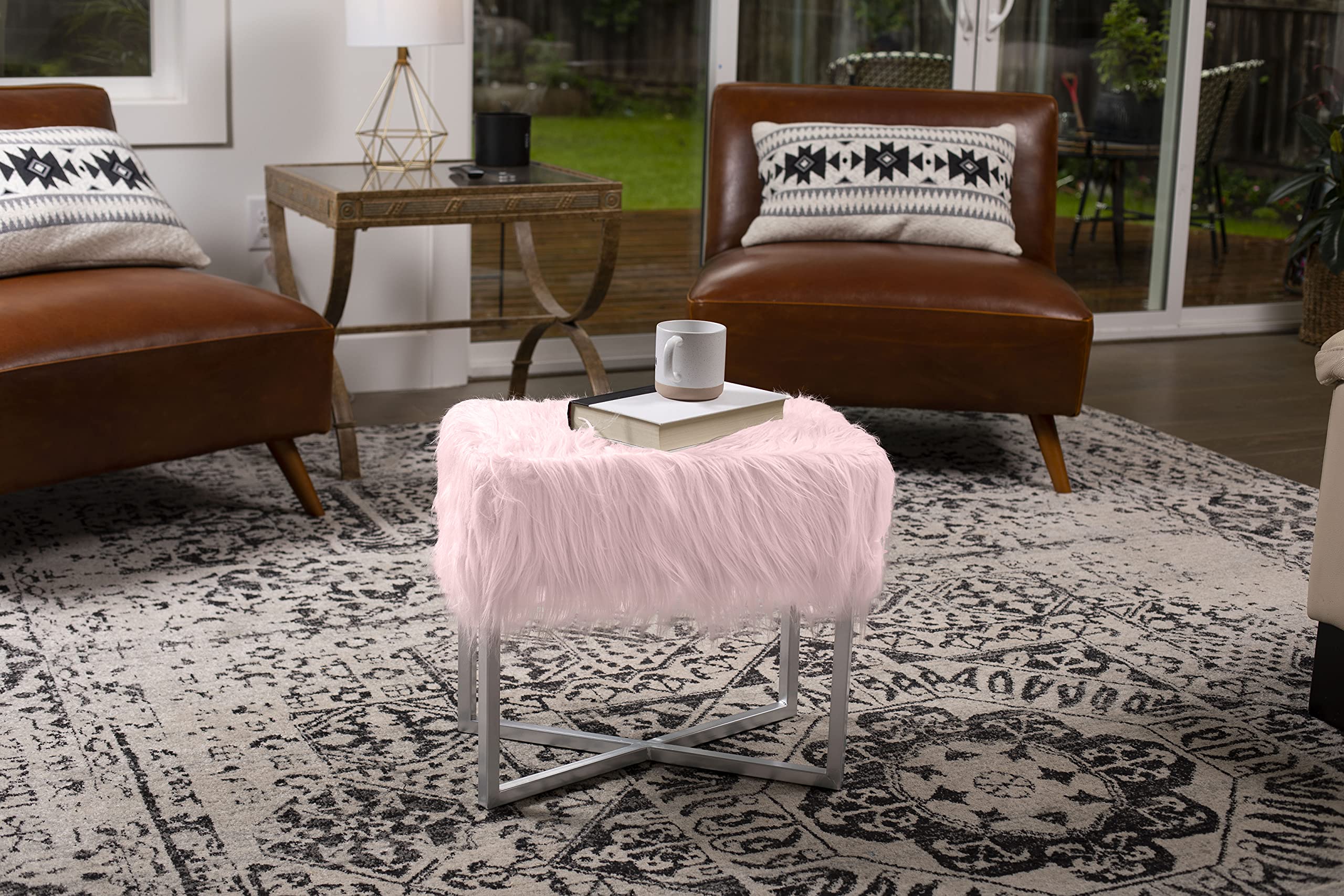 BIRDROCK HOME Small Pink Rectangular Faux Fur Vanity Stool Ottoman with White Metal Legs - Fluffy Makeup Seat & Cute Footrest - Perfect for Bedroom, Dressing Table, Girls Dorm or Office Desk - Compact Chair for Home Decor & Vanity Area