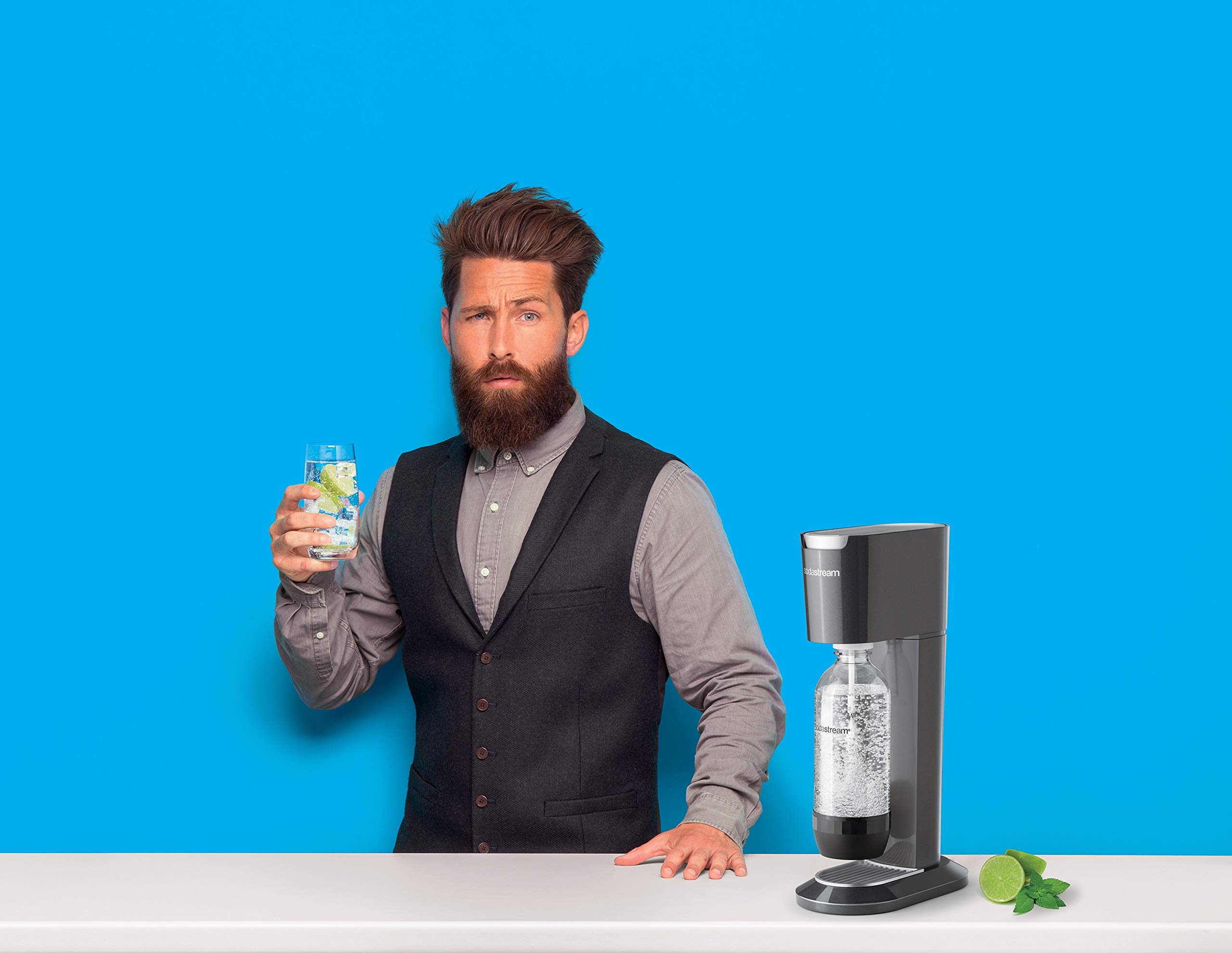 Sodastream Genesis Sparkling Water Maker Machine - Black | 1L BPA-Free Reusable Bottle & 60L CO2 Cylinder Included | Make Carbonated Drinks at Home for Parties, Offices or Healthy Hydration
