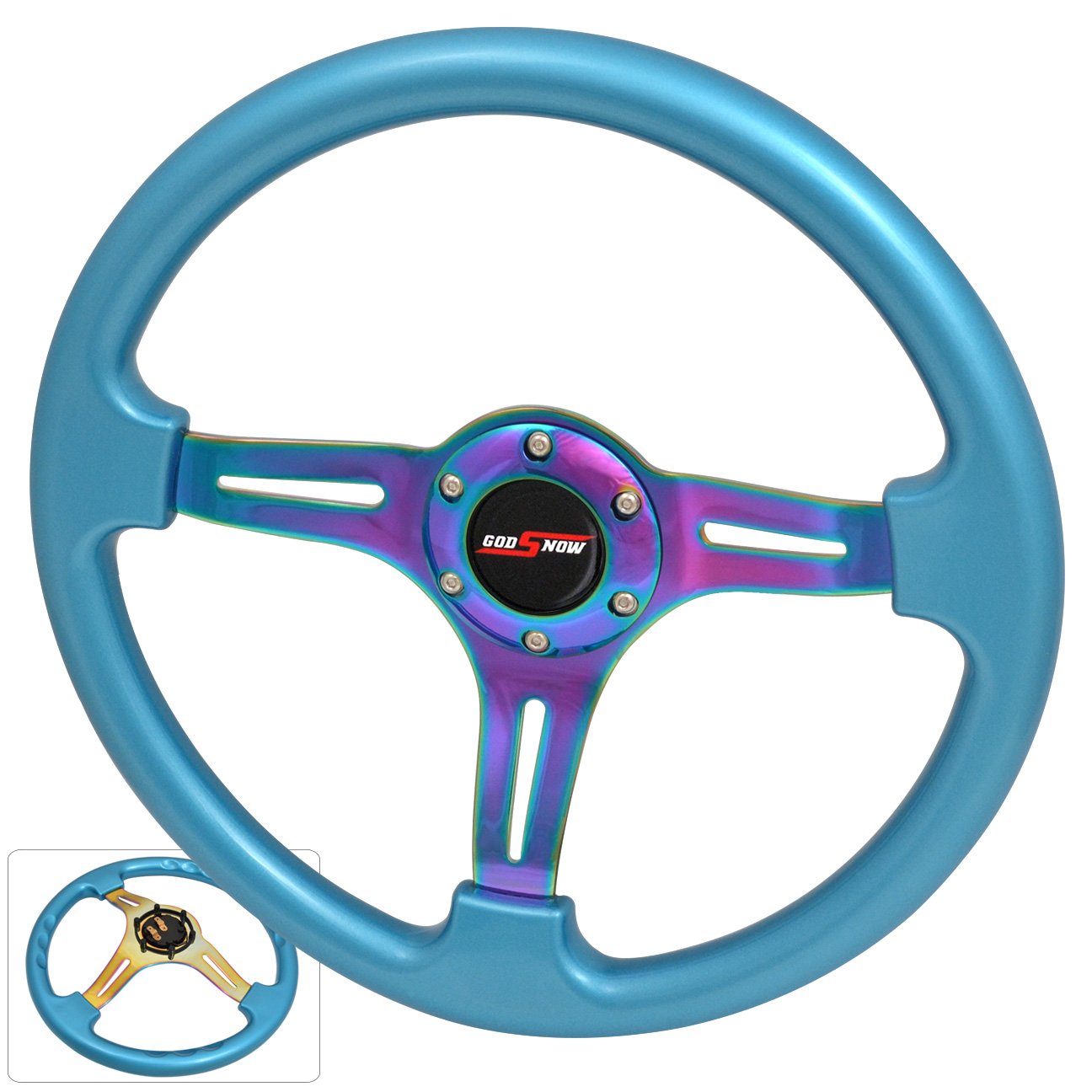 Universal 350mm 6-Bolt Lightweight Steering Wheel - Heavy Duty Neo Chrome Center with Sky Blue Trim & JDM Horn | Perfect for Racing, Drifting & JDM Car Mods