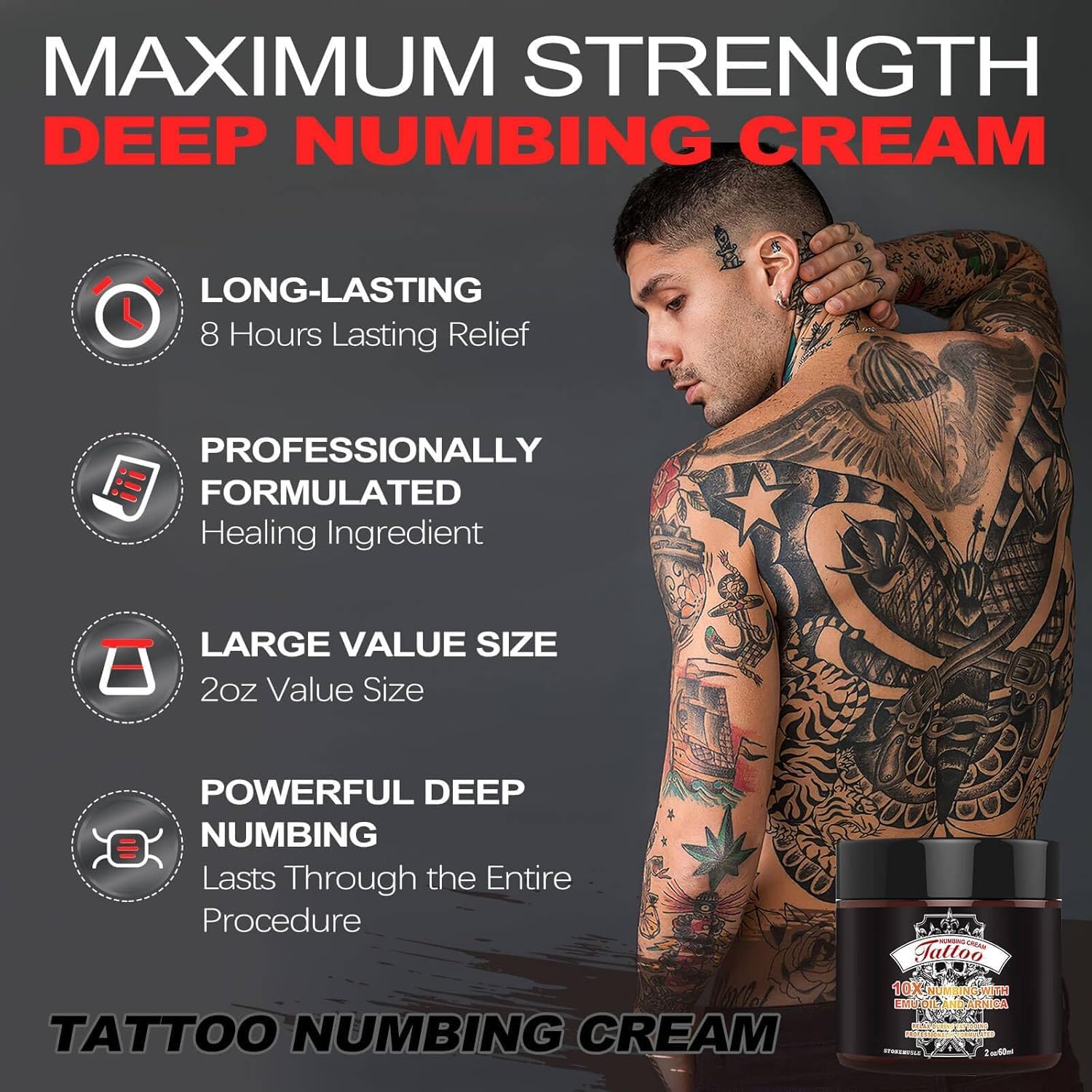 Maximum Strength 8-Hour Tattoo Numbing Cream (2oz/60ml) - Extra Potent Pain Relief with 10X Numbing Power, Emu Oil & Arnica | For Tattoos, Piercings, Waxing & Cosmetic Procedures