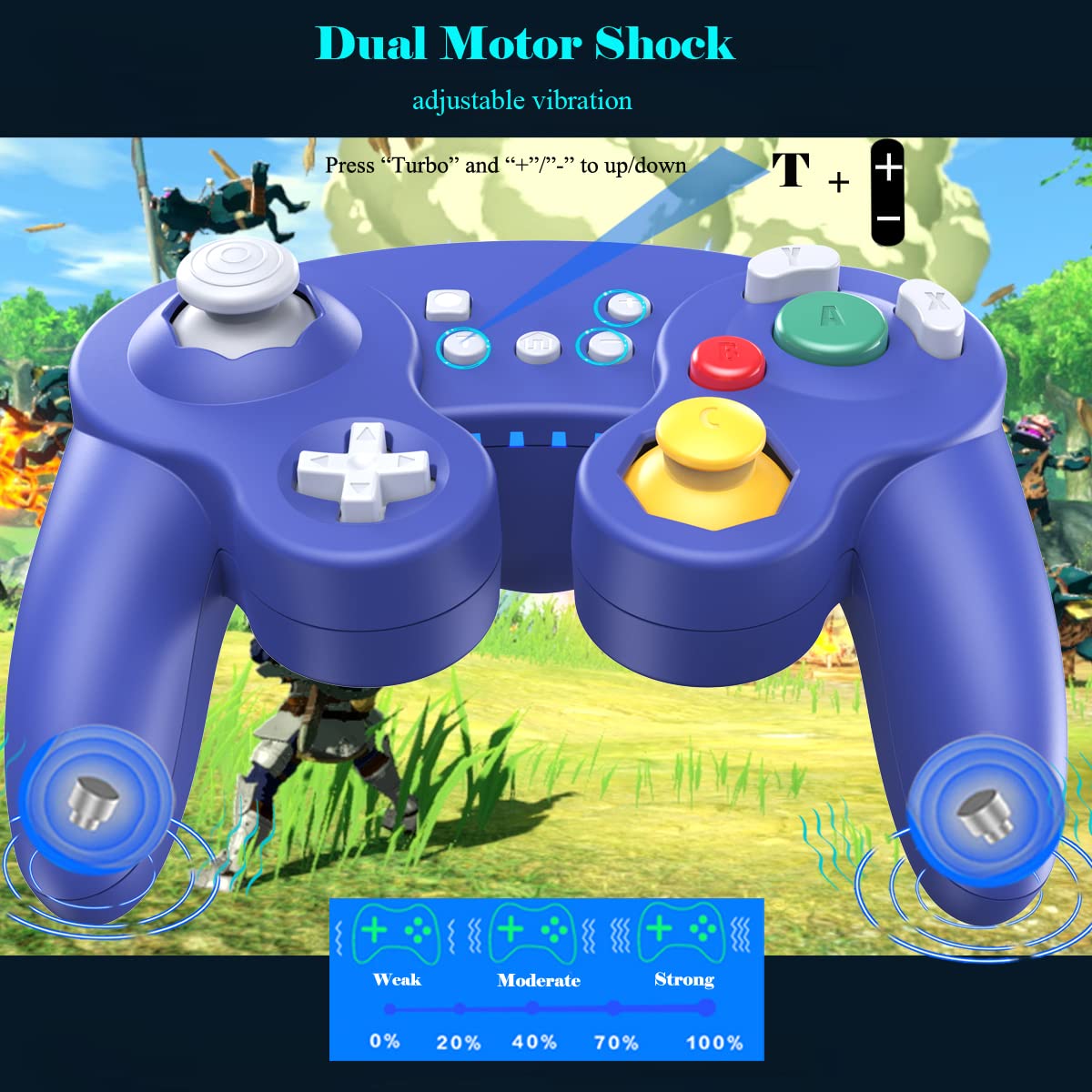 EXLENE Wireless Gamecube Controller for Nintendo Switch/Lite/PC/Android/iOS/Steam - Pro Controller with Wake Up, Motion Control, Adjustable Vibration, Turbo & Auto Turbo (Upgraded Blue) - Perfect for Gaming, Streaming & Multiplayer Sessions