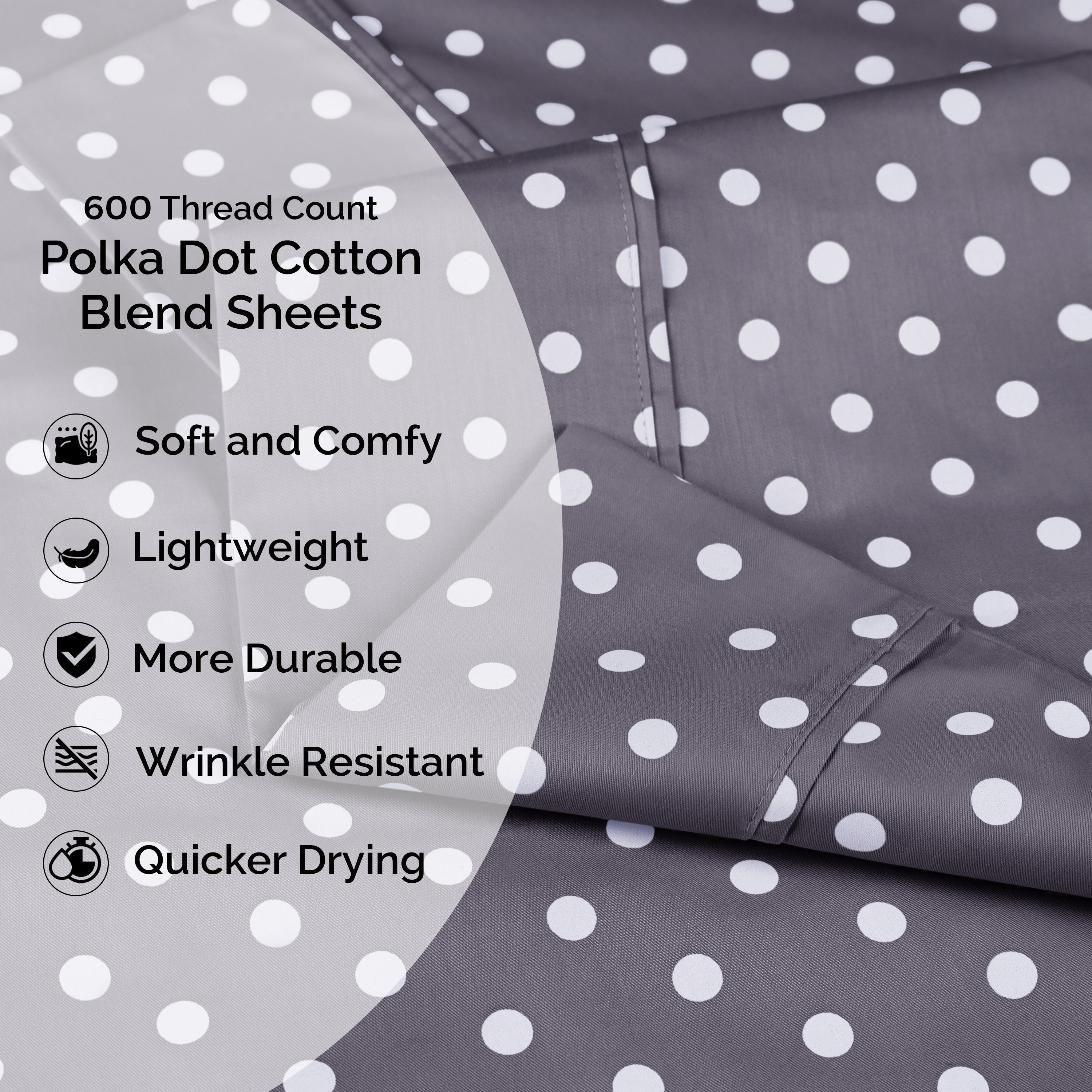 Polka Dot 600 Thread Count Cotton Blend Deep Pocket Sheet Set - Queen Size Bed Sheets for Comfortable Sleep - Perfect for Master Bedroom, Guest Room & Dorm