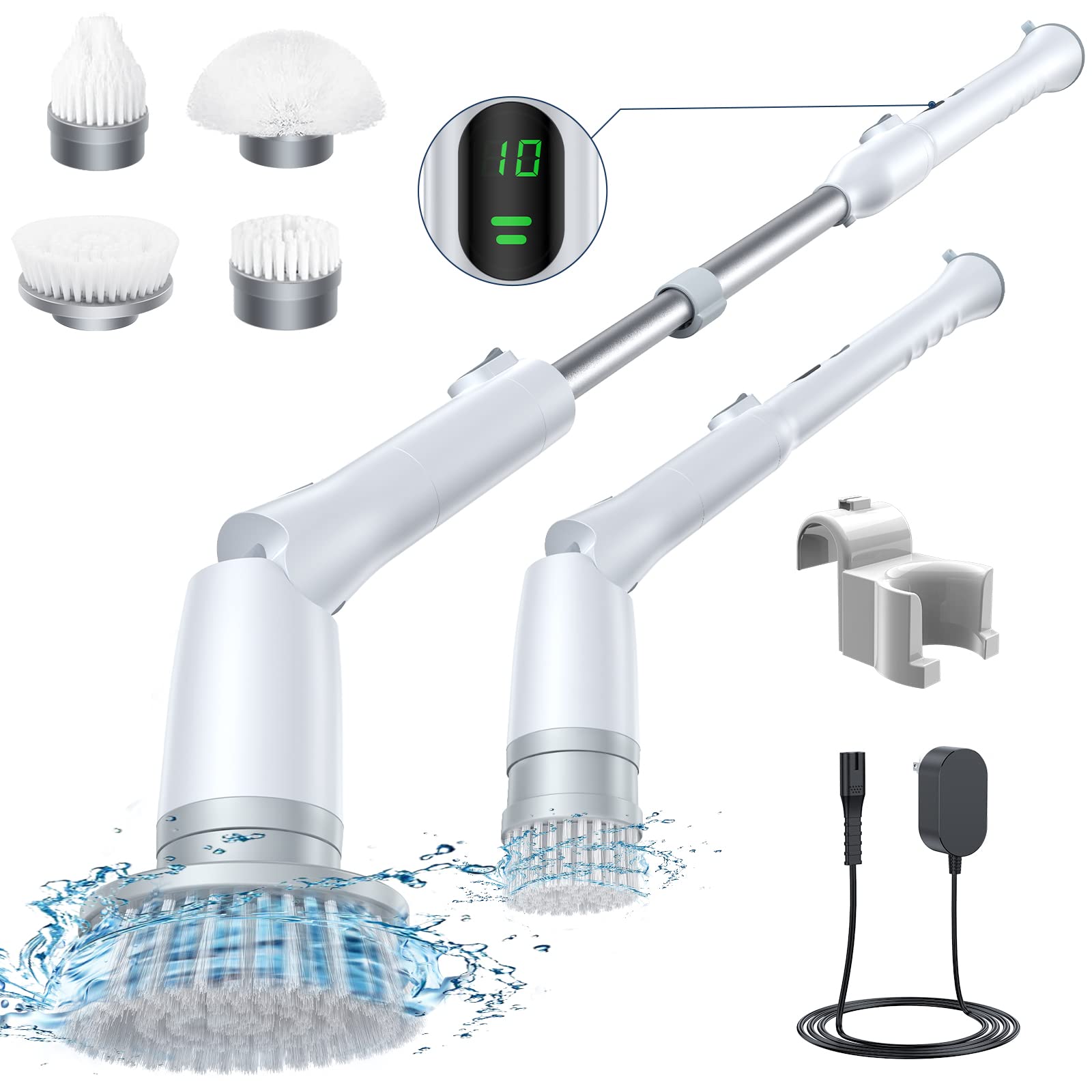 LABIGO Electric Spin Scrubber LA2 Pro - Cordless Shower Power Cleaning Brush with LCD Display, 4 Replaceable Brush Heads, 2 Speed Settings & 3 Extension Handles - Perfect for Bathroom Tile, Grout, Bathtub, Shower Wall and Floor Cleaning