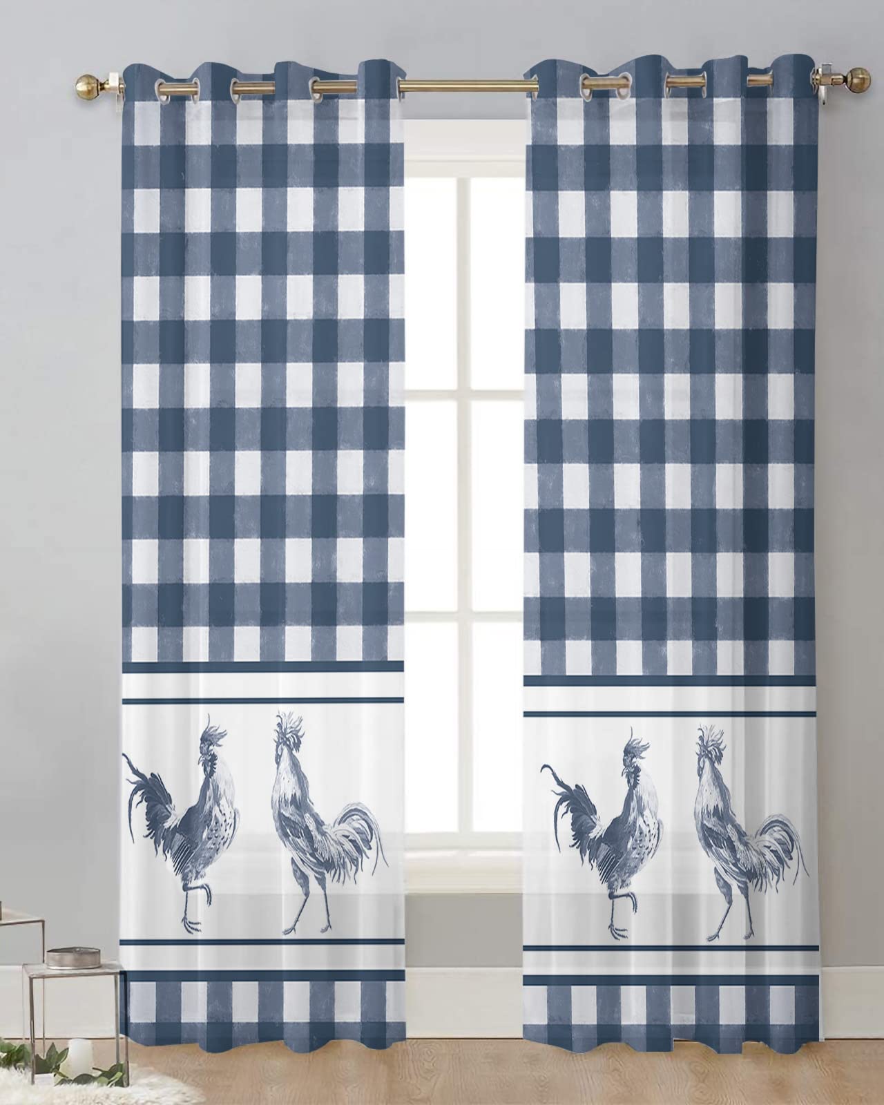 Farm Chicken Sheer Curtains 39 Inch Length (2 Panels) - Grommet Top Kitchen & Living Room Window Drapes | Lightweight Watercolor Blue Buffalo Plaid Design for Bedroom, Bathroom & Farmhouse Decor | Provides Privacy While Allowing Natural Light