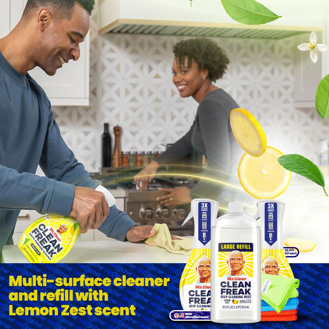 Mr. Clean Clean Freak Multi-Surface Spray & Refill Lemon Zest (62.9 fl oz) with 3-Pack Microfiber Cloths - All-Purpose Cleaning Kit for Kitchen, Bathroom, Floors & Home Surfaces - Household Cleaning Essentials