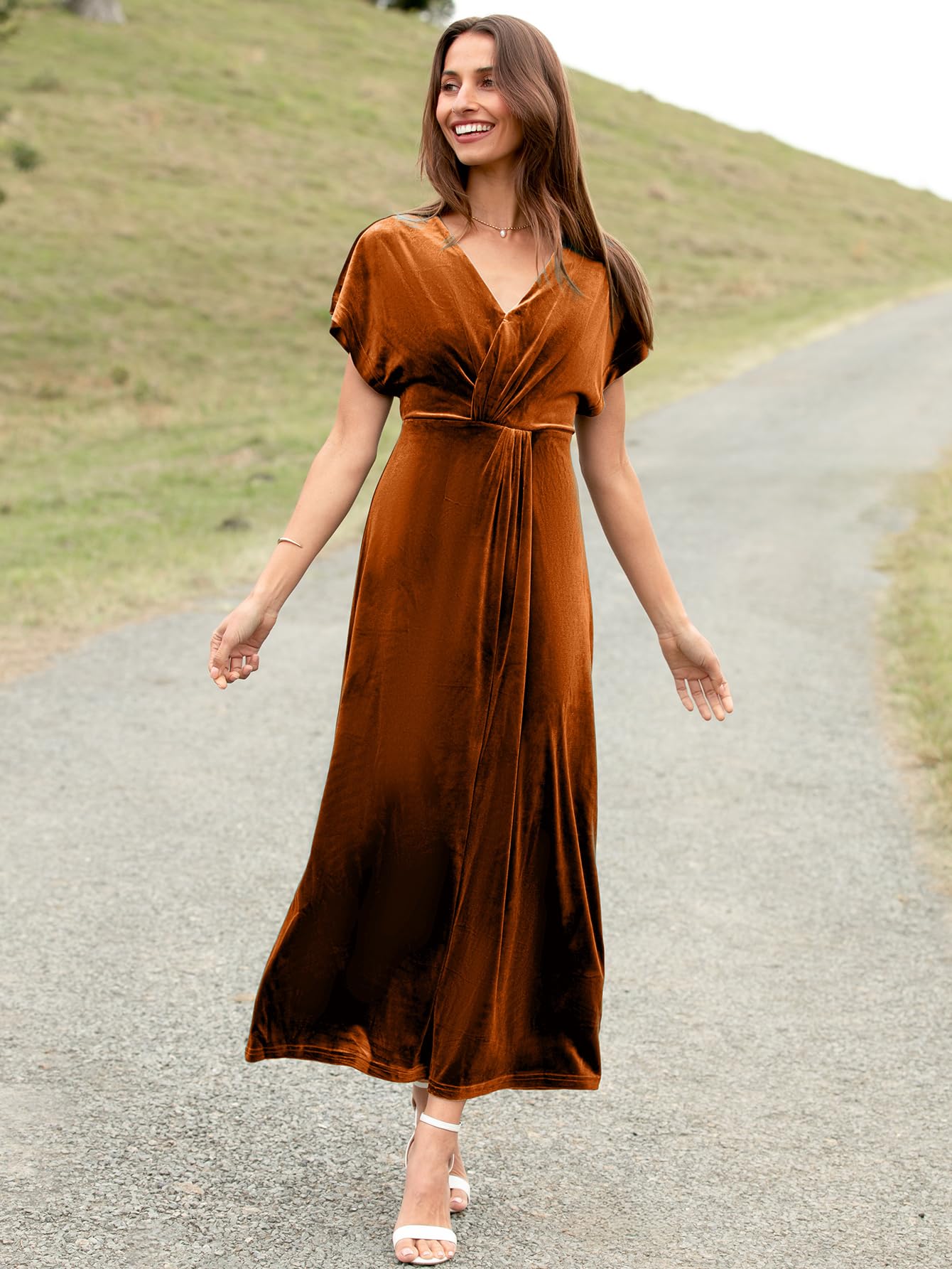 Simplee Women's Velvet Maxi Dress - Short Sleeve V-Neck Bodycon Gown for Fall Wedding Guest, Prom & Formal Occasions | Elegant Twiss Front Long Dress for Parties, Dinner Dates & Special Events