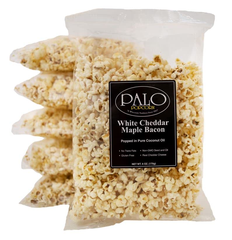 Gourmet Cheddar Cheese Popcorn Snacks - Gluten Free, White Cheddar Maple Bacon Flavor, 6-Ounce Bags (Pack of 6) | Perfect for Movie Nights, Parties & Office Snacks