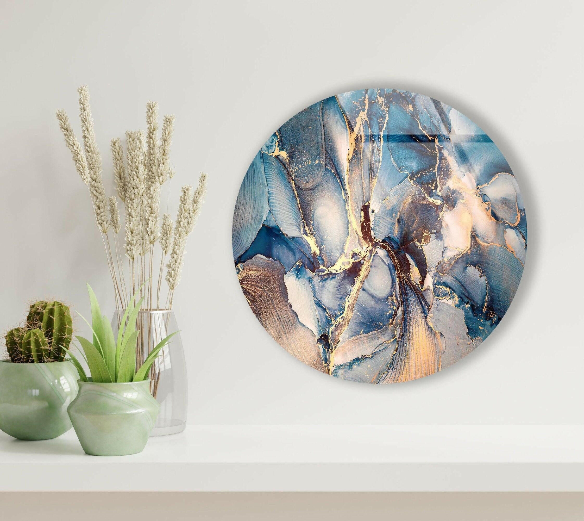 Blue Marble Pattern Round Glass Wall Art - Elegant Home Decor for Living Room, Bedroom & Office - Perfect for Modern & Contemporary Interior Design