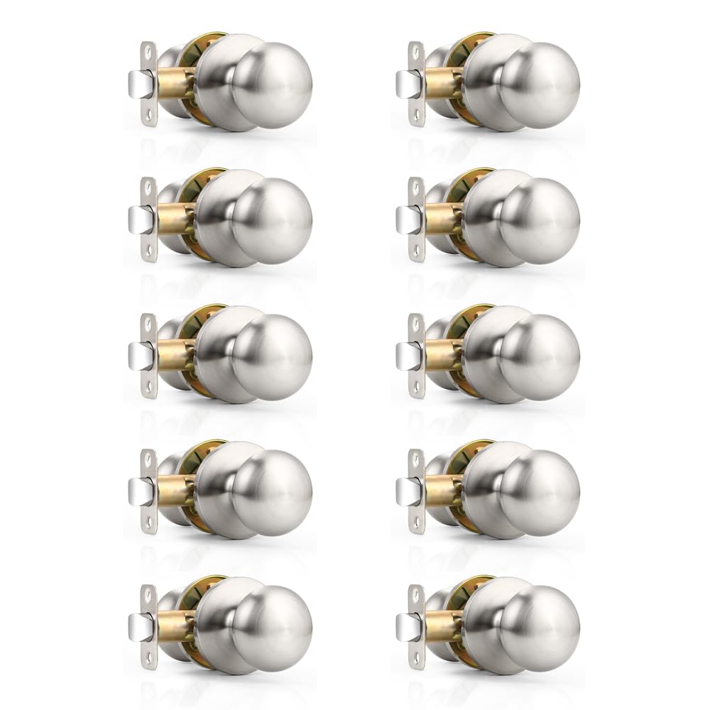 Probrico 10 Pack Classic Flat Ball Style Passage Door Knobs - Brushed Nickel Interior Door Handles for Hallway, Closet & Bedroom - Keyless Privacy Lock - Durable & Easy Installation for Home & Office Use