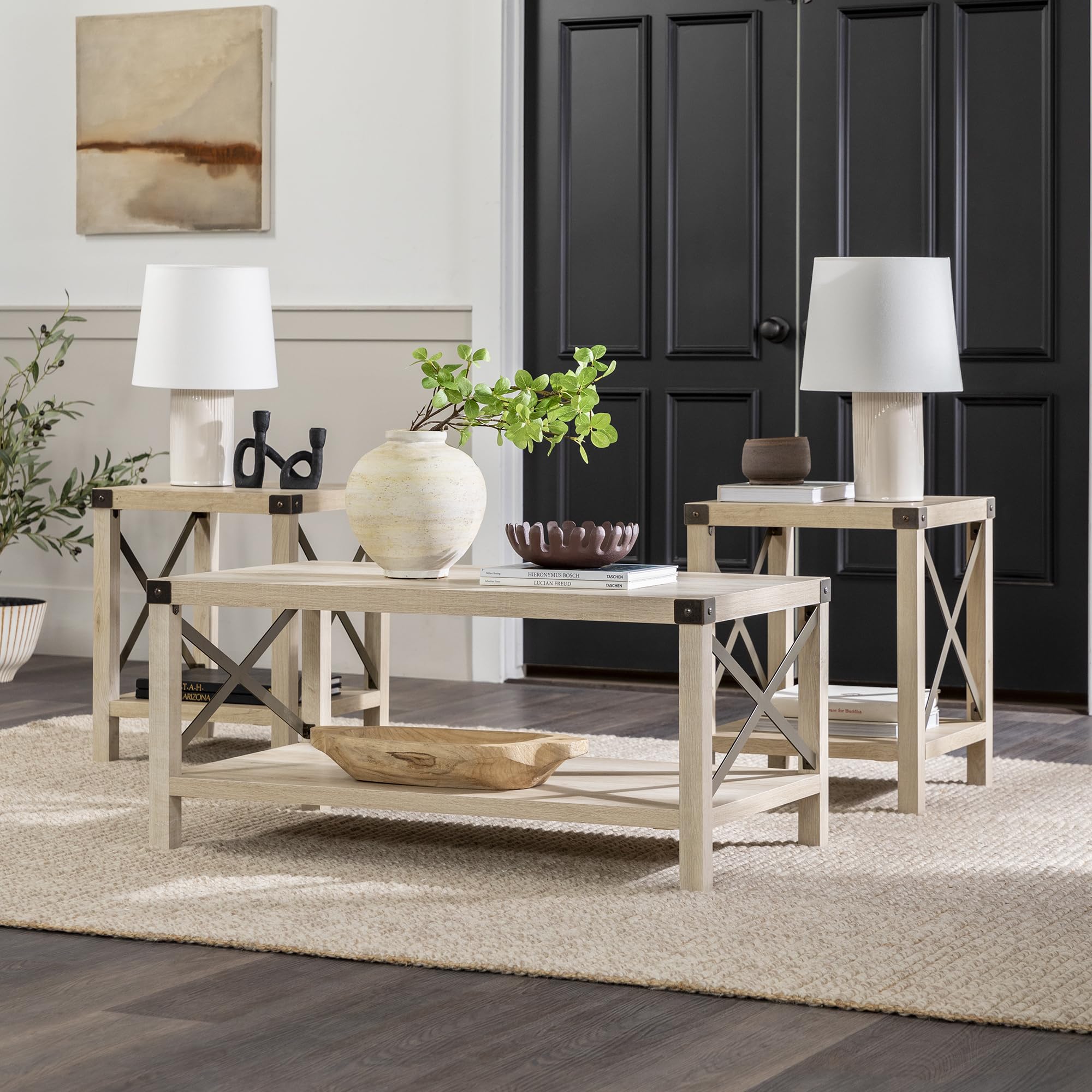 Walker Edison Sedalia Modern Farmhouse 3-Piece Metal-X Side and Coffee Table Set - White Oak Finish - Living Room Furniture for Farmhouse, Rustic & Industrial Decor (3-Pack)