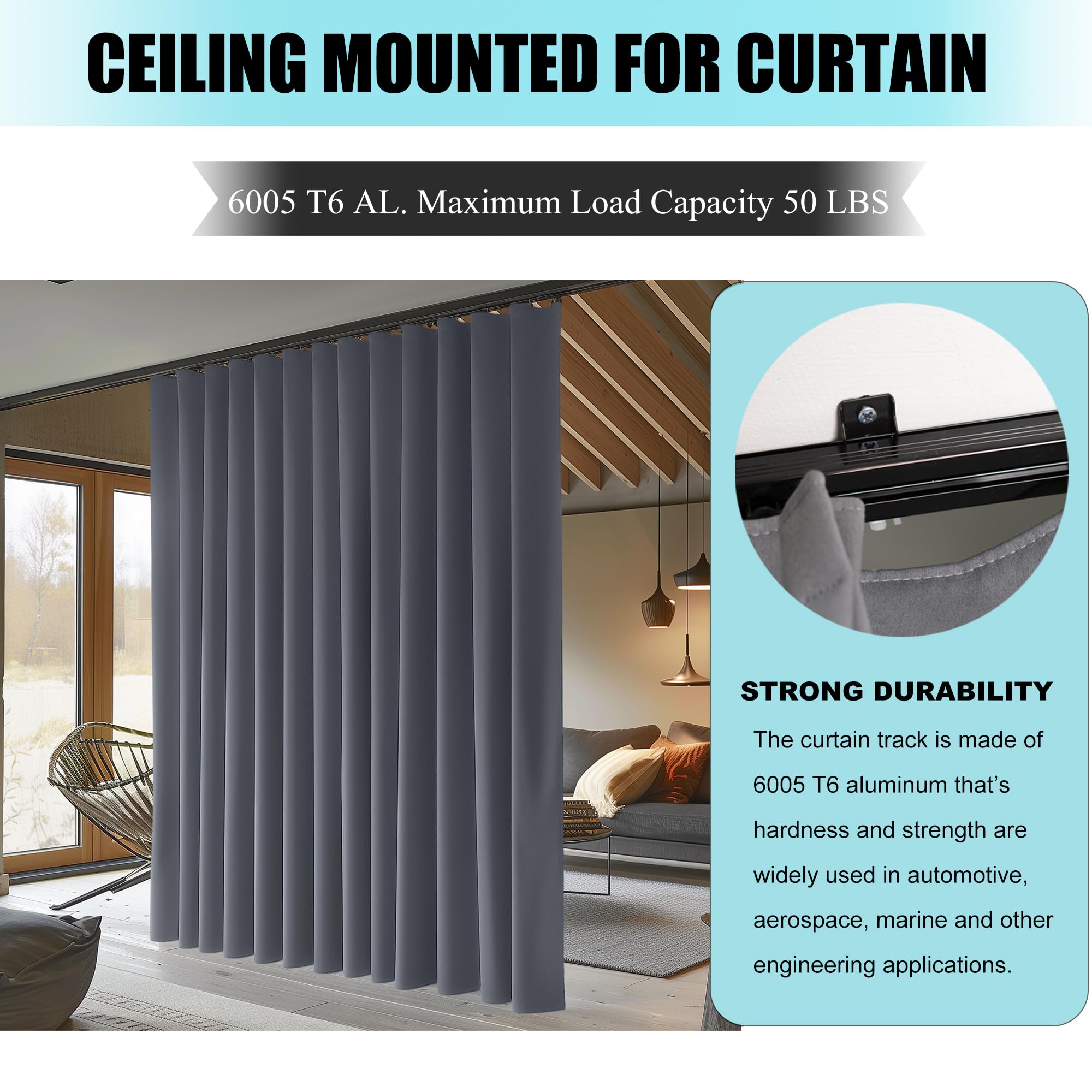 Heavy Duty Ceiling Curtain Track Rod - Black Wall Mount Room Divider Rail System with Rollers & Hooks for 6-9ft - Perfect for RV, Bedroom, Office and Home Partitioning