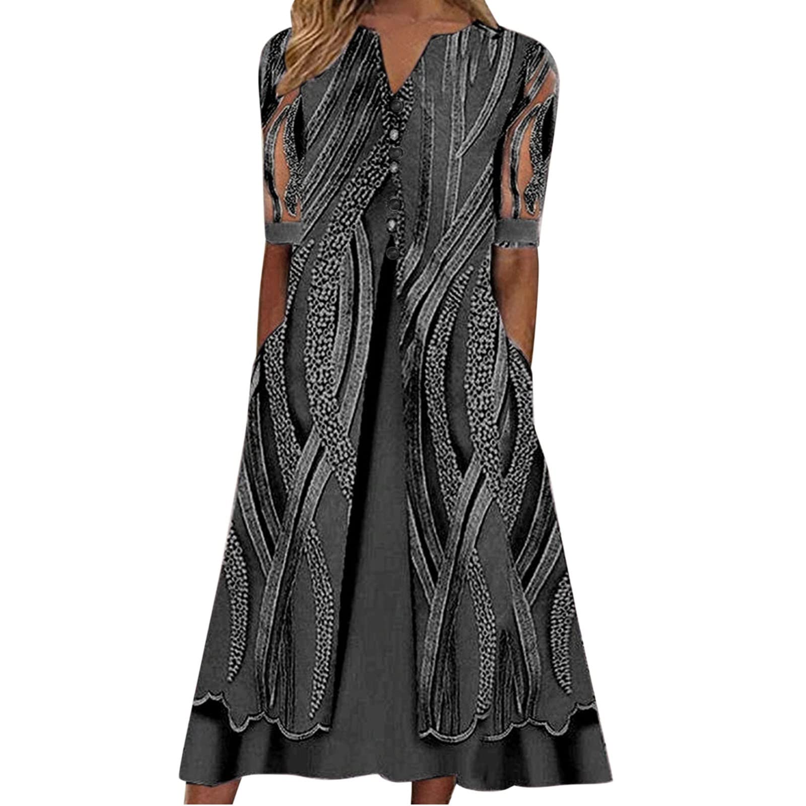 Women's Casual V-Neck Mesh Short Sleeve Loose Dress with Button Pocket - Floral Print Summer Beach Dress for Vacation, Party & Everyday Wear