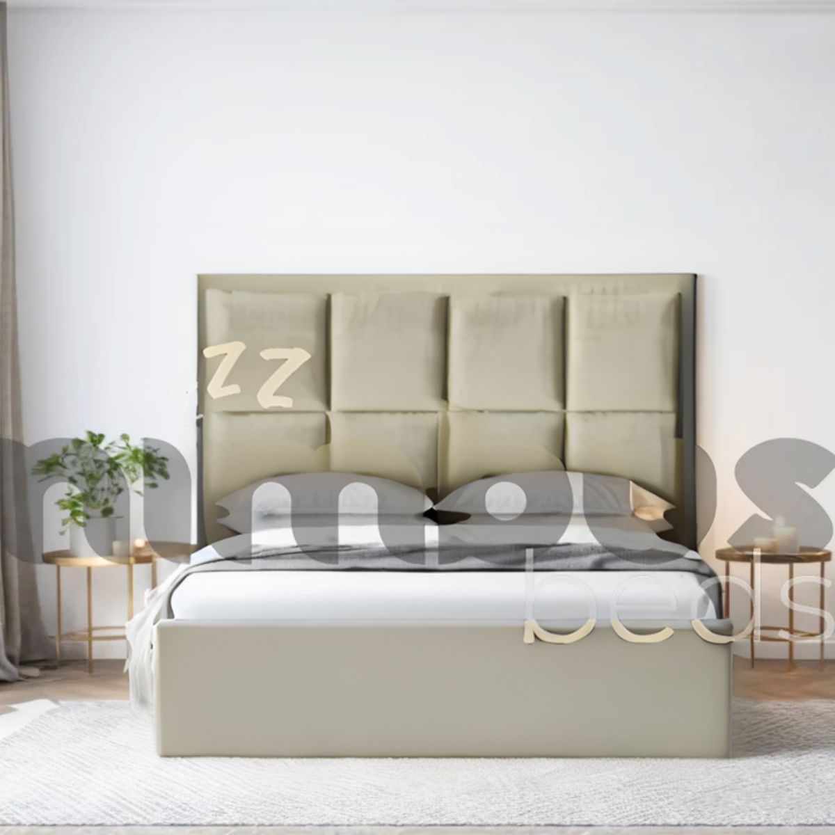 8 Square Panel Bed Frame - Queen Size Wooden Platform Bed with Upholstered Headboard - Perfect for Modern Bedrooms & Guest Rooms