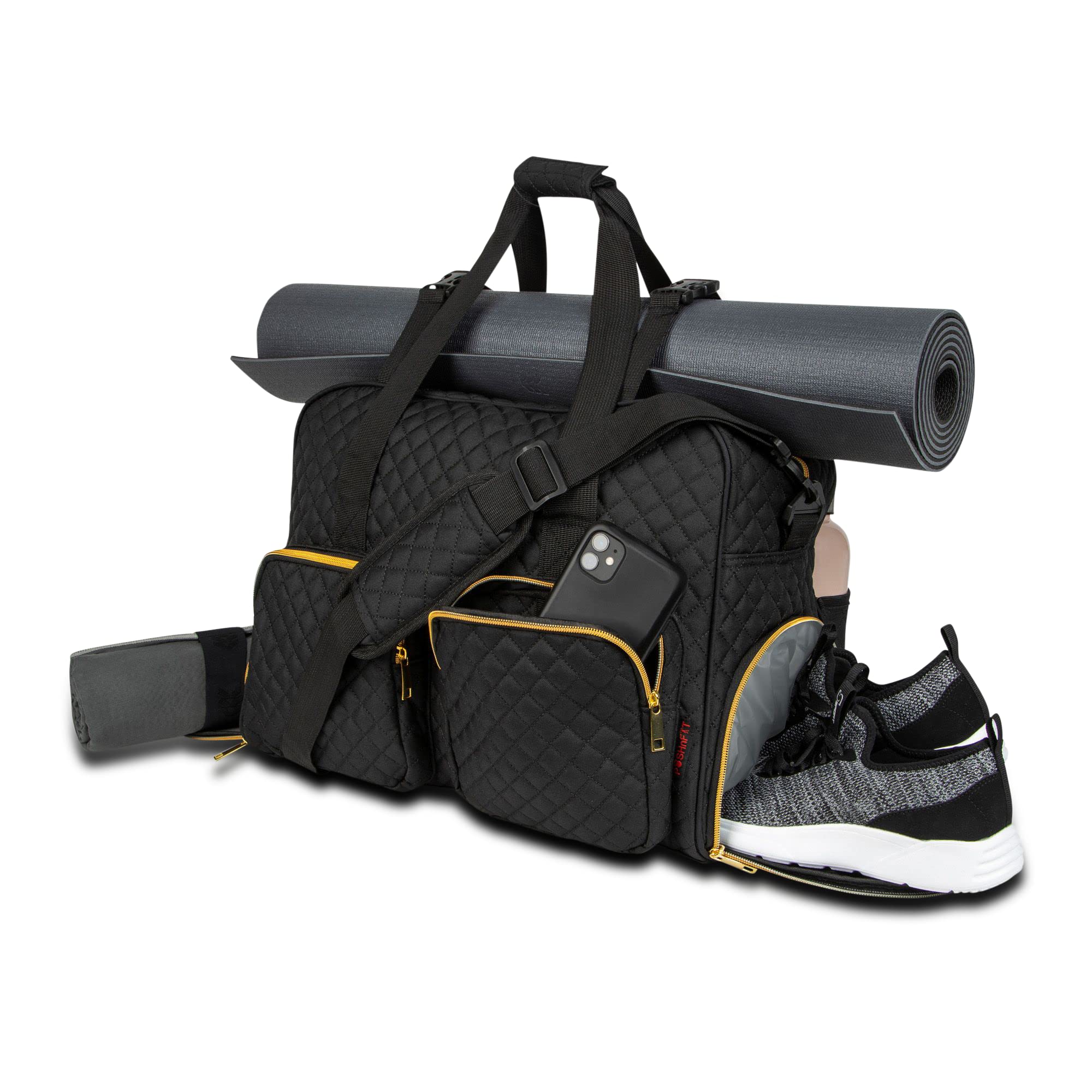 Waterproof Women's Gym Duffel Bag with Wet Storage & Yoga Mat Compartment - Quilted Black Travel Weekender for Fitness, Yoga & Carry-On Luggage | Perfect for Workouts, Beach Trips & Weekend Getaways