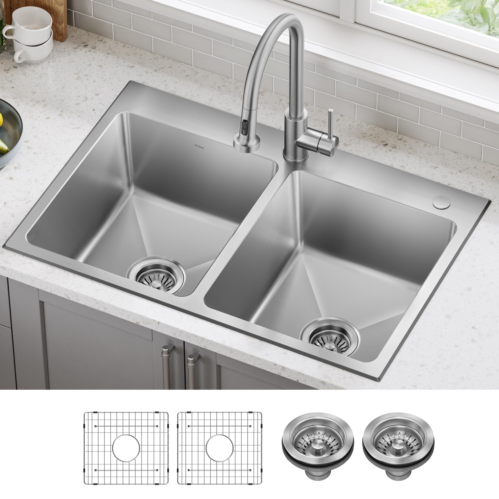 KRAUS Fairlane 33-inch Drop In/Top Mount Double Bowl 18-Gauge Stainless Steel Kitchen Sink KHT632-33 - Perfect for Modern Kitchens & Heavy-Duty Cooking