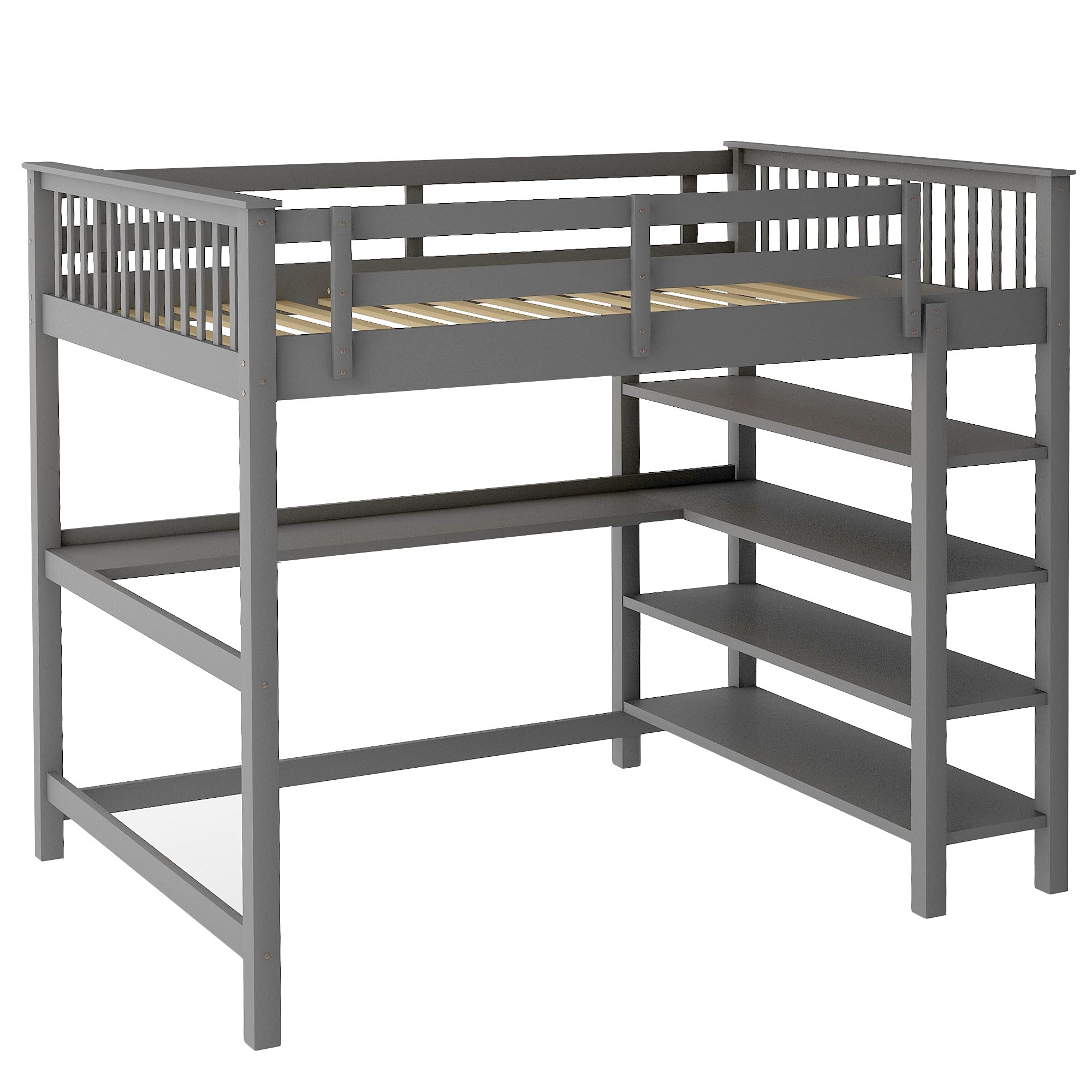 Space-Saving Loft Bed Frame with Storage Shelves & Under-Bed Desk - Solid Wood Construction for Teens & Adults - No Box Spring Needed (Gray, Full Size) - Perfect for Small Bedrooms, Dorms & Studio Apartments