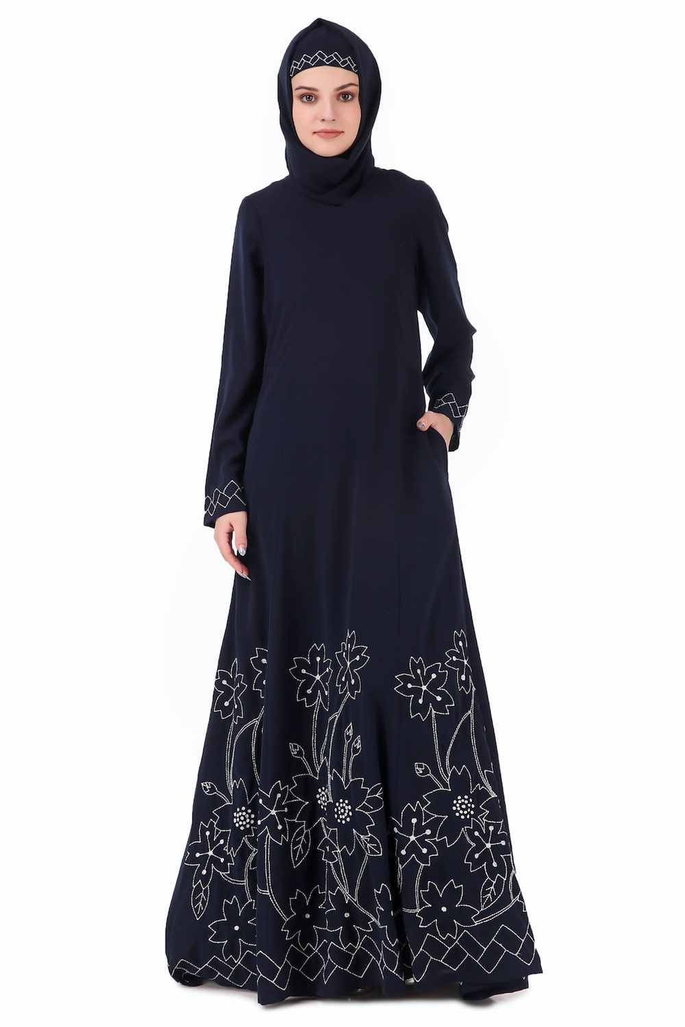 Elegant Floral Geo Embroidery Navy Blue Abaya Dress for Women - Perfect for Islamic Prayer, Special Occasions & Modest Fashion