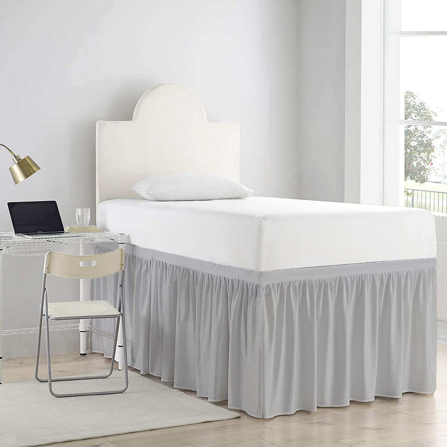 Ruffled Dorm Bed Skirt for College Loft Beds - Twin XL Size with 40 Inch Tailored Drop - 3-Sided Dust Ruffle in Silver | Perfect for Dorm Rooms, Small Spaces & Elevated Beds