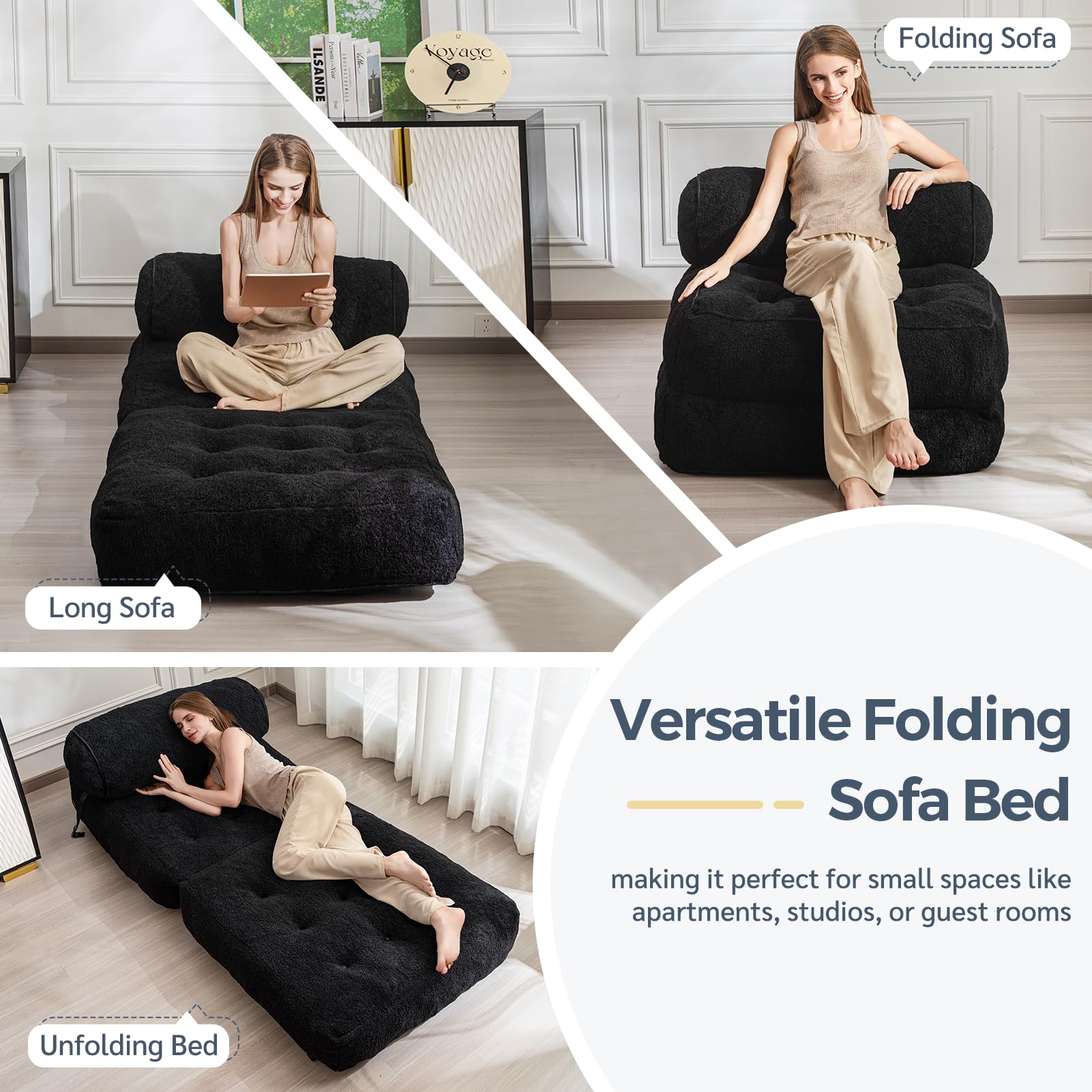 MAXYOYO Folding Sofa Bed - Convertible Boucle Sleeper Chair with Bolster Pillow, Multi-Functional Floor Sofa Lounge for Living Room & Bedroom (Black) | Perfect for Small Spaces, Guest Rooms & Apartment Living