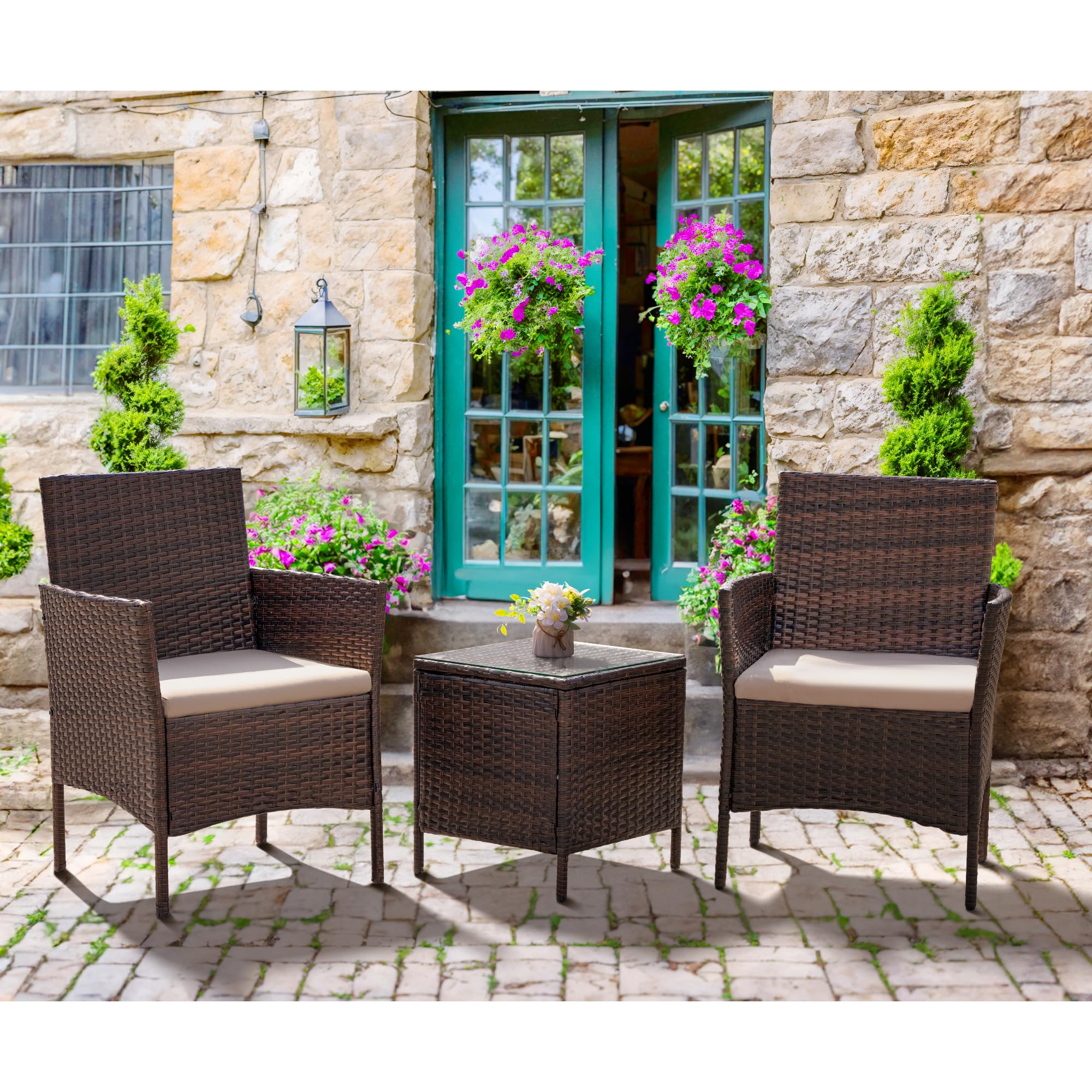 Flamaker 3-Piece All-Weather Rattan Patio Furniture Set with Tempered Glass Table - Outdoor Bistro Chairs for Porch, Balcony, Garden (Brown/Cream) - Perfect for Relaxing, Entertaining & Outdoor Dining