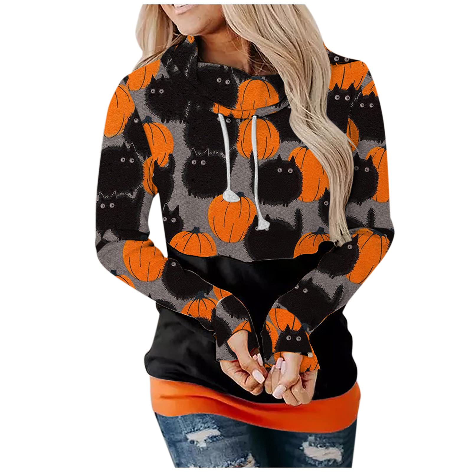 Women's Halloween Print Zip Up Hoodie - Loose Fit Pullover Top, Long Sleeve Blouse Tee | Perfect for Costume Parties, Cosplay & Casual Wear
